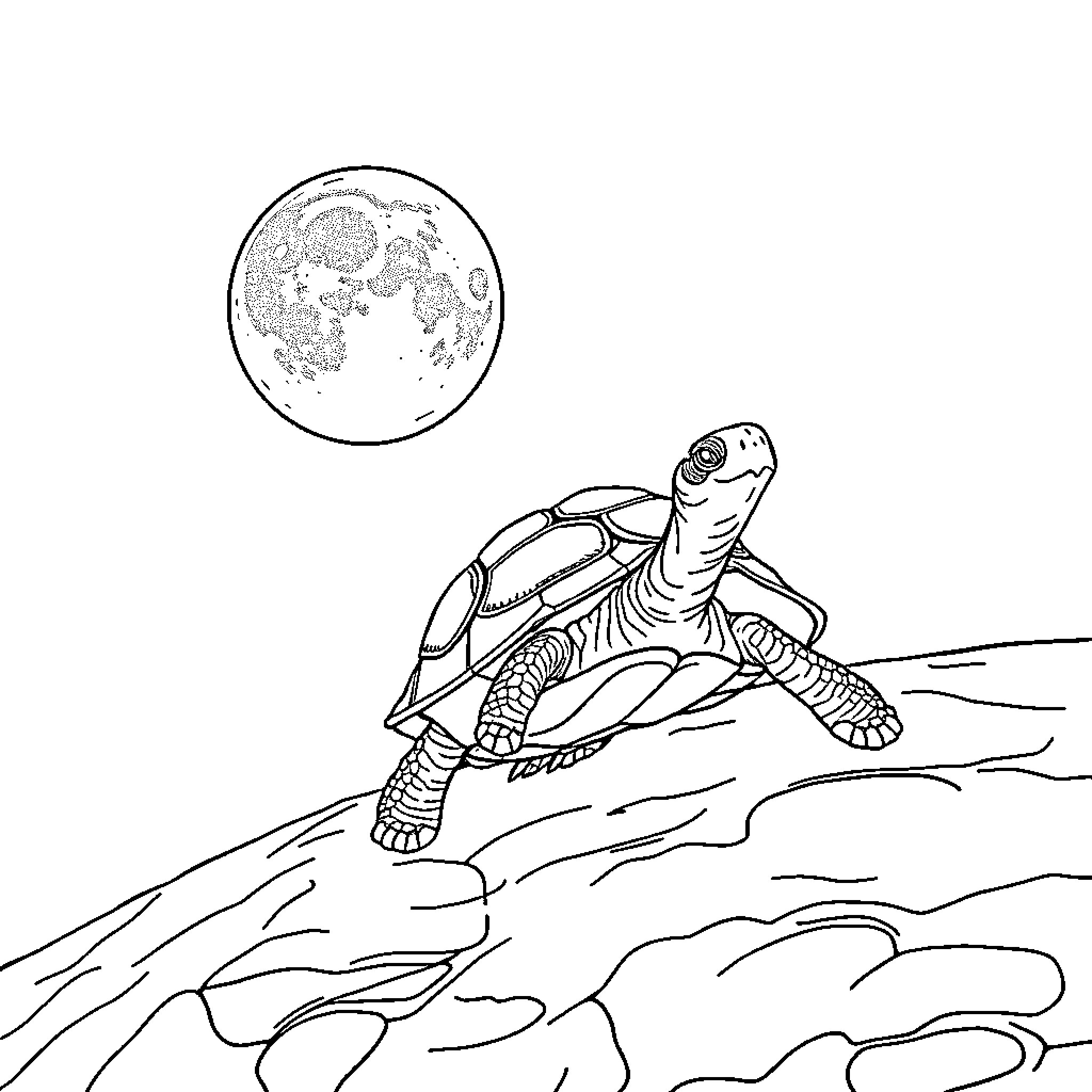 Turtle exploring the rocky terrain under the moon Coloring Page (free black-and-white line drawing printable PDF for all, from beginners to advanced learners, including children, teens, adults, and seniors)