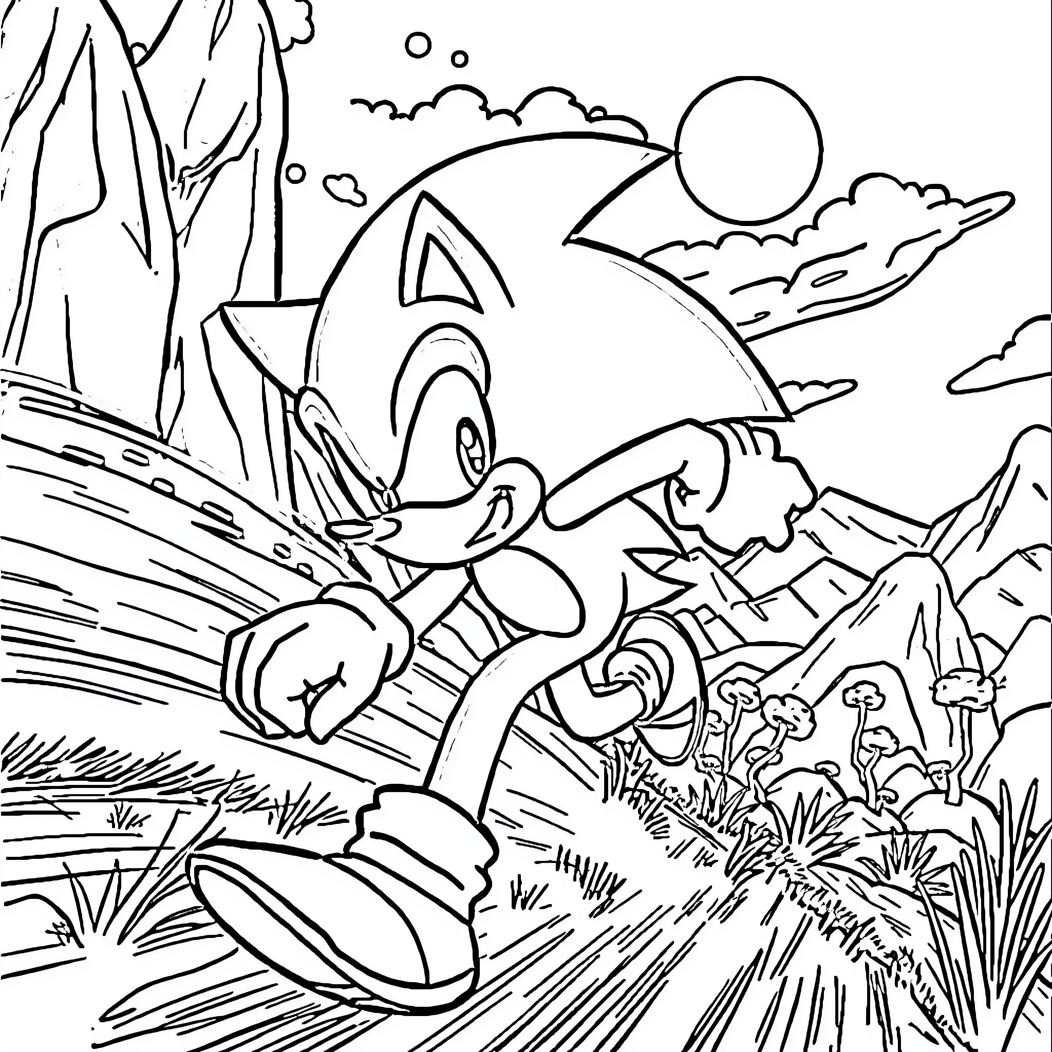 Sonic speeding through the natural landscape Coloring Page (free black-and-white line drawing printable PDF for all, from beginners to advanced learners, including children, teens, adults, and seniors)