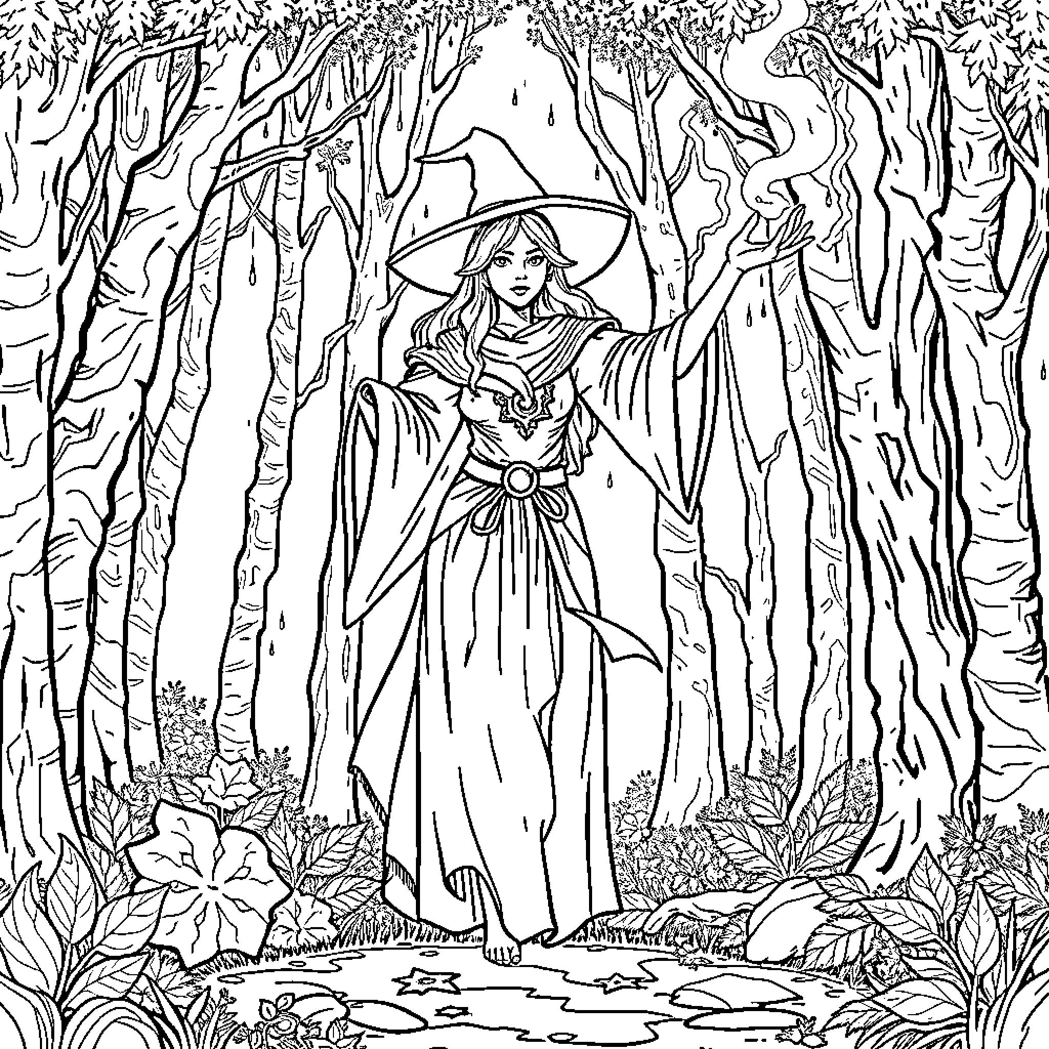 Mage Walks Through the Enchanted Forest Coloring Page (free black-and-white line drawing printable PDF for all, from beginners to advanced learners, including children, teens, adults, and seniors)