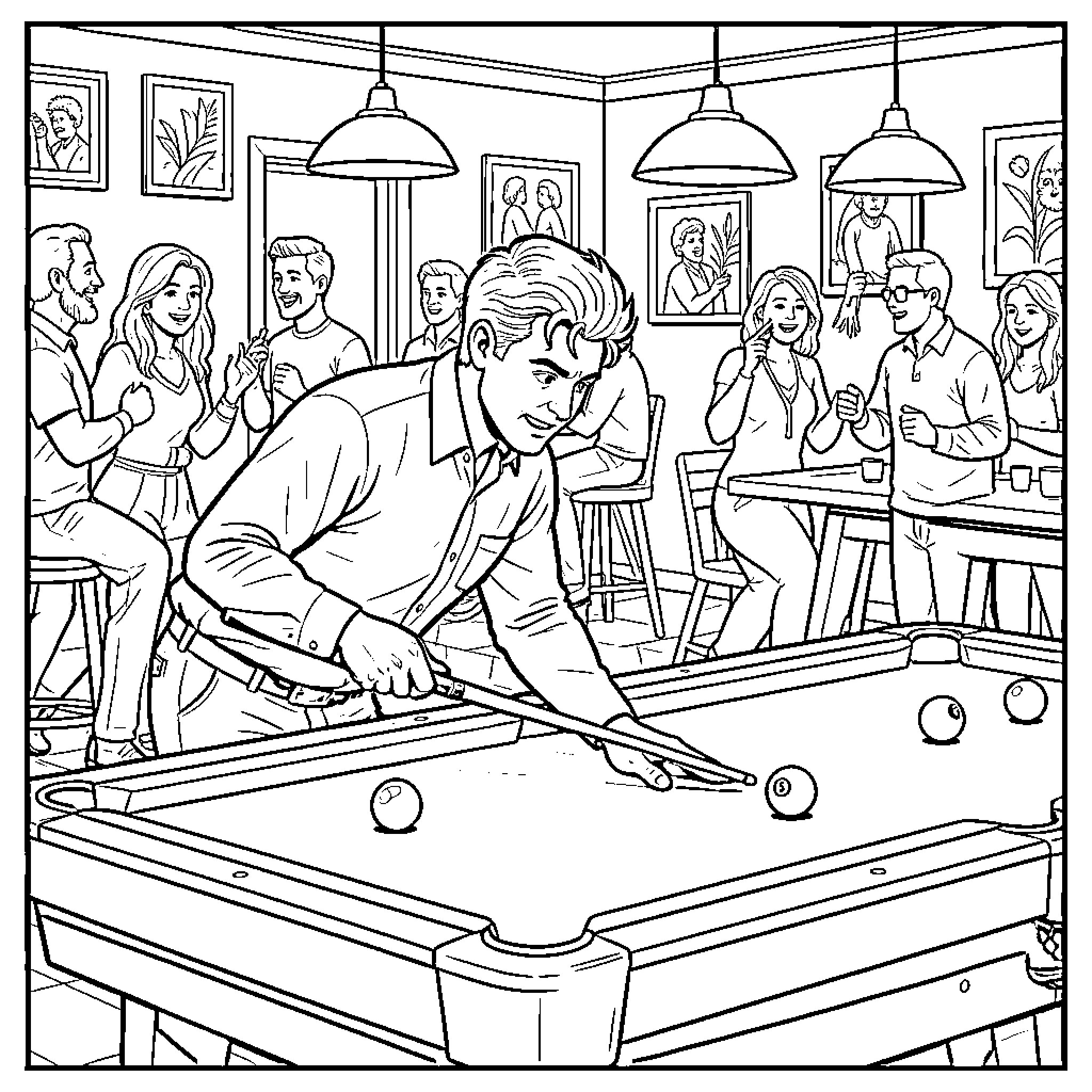 Carom: Friends Gathered for a Billiards Game Coloring Page (free black-and-white line drawing printable PDF for all, from beginners to advanced learners, including children, teens, adults, and seniors)