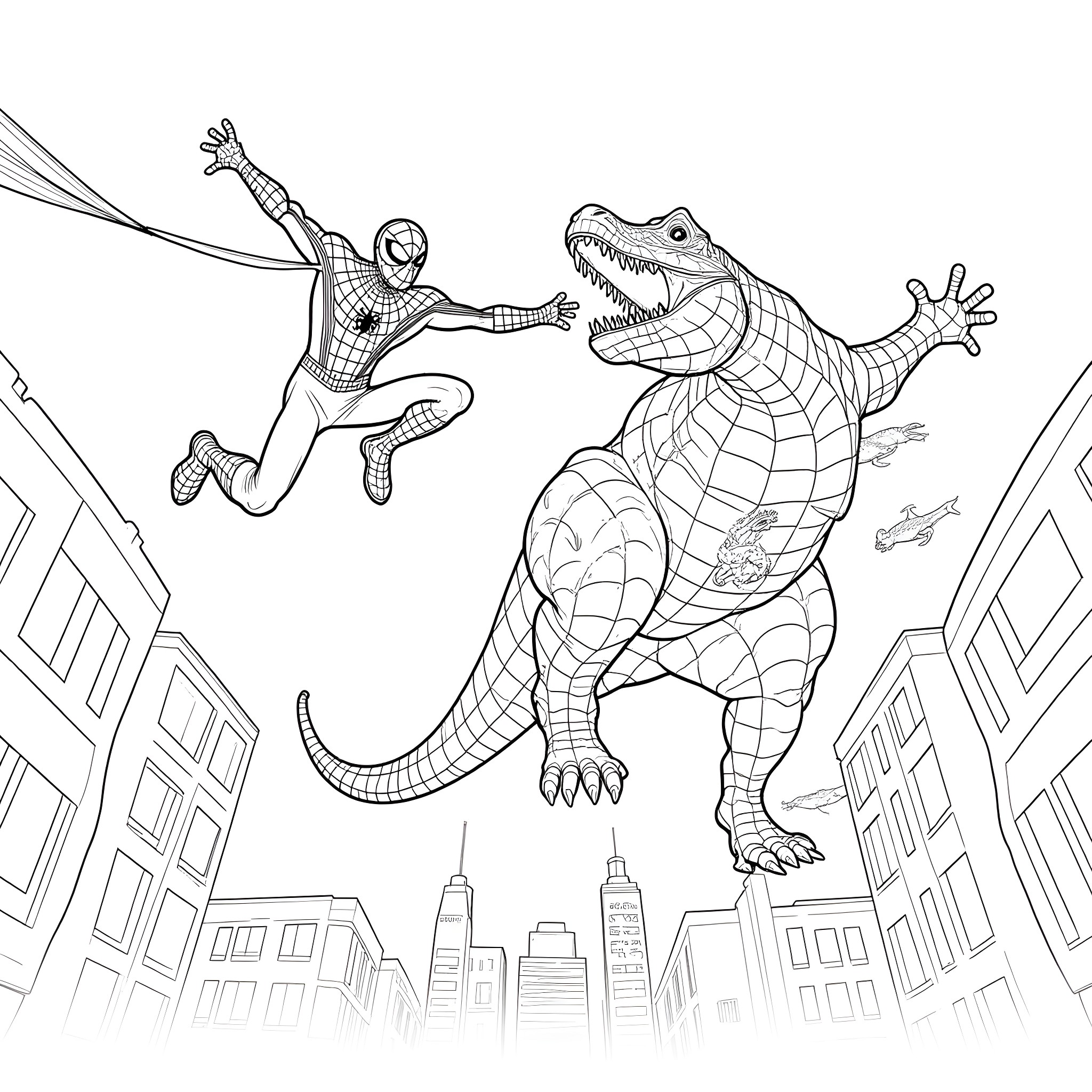 Spiderman battling a giant lizard monster in the city Coloring Page (free black-and-white line drawing printable PDF for all, from beginners to advanced learners, including children, teens, adults, and seniors)