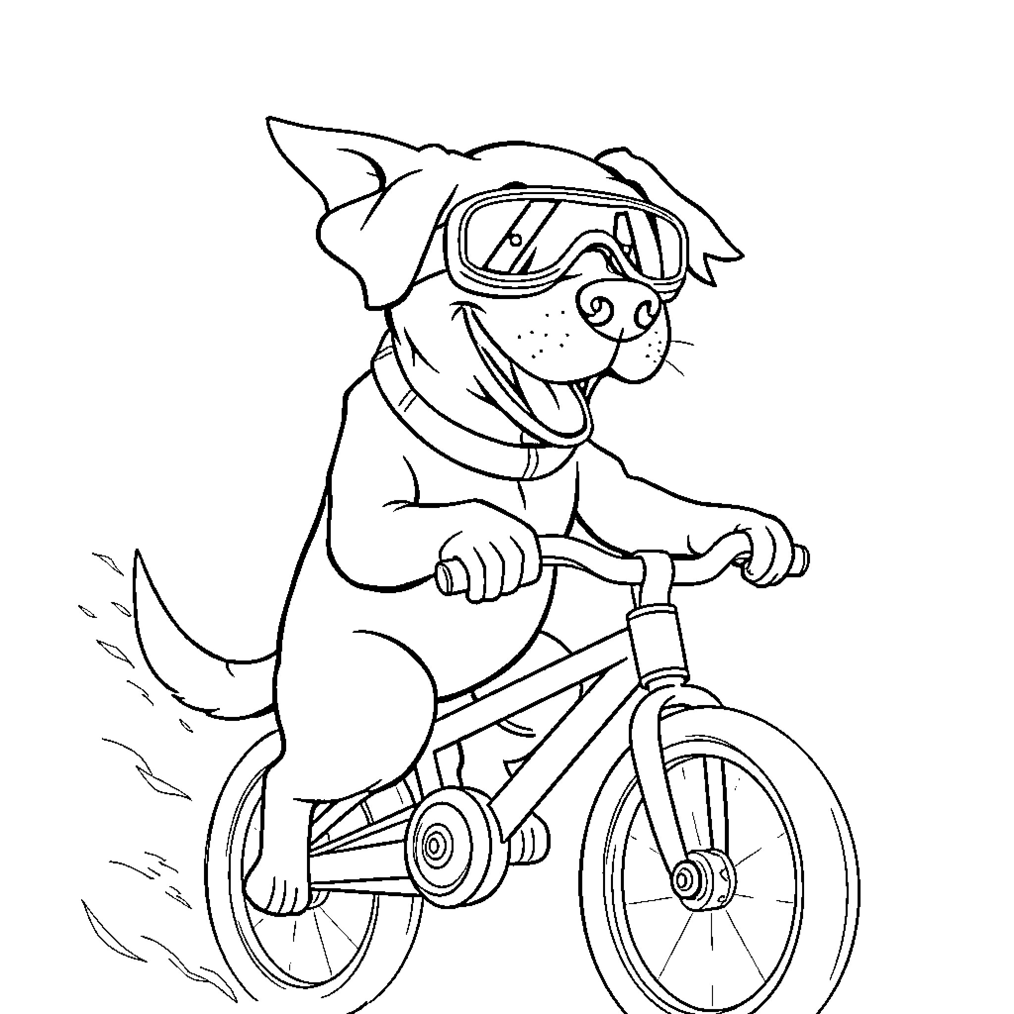 Labrador Riding Bicycle with Goggles Coloring Page (free black-and-white line drawing printable PDF for all, from beginners to advanced learners, including children, teens, adults, and seniors)