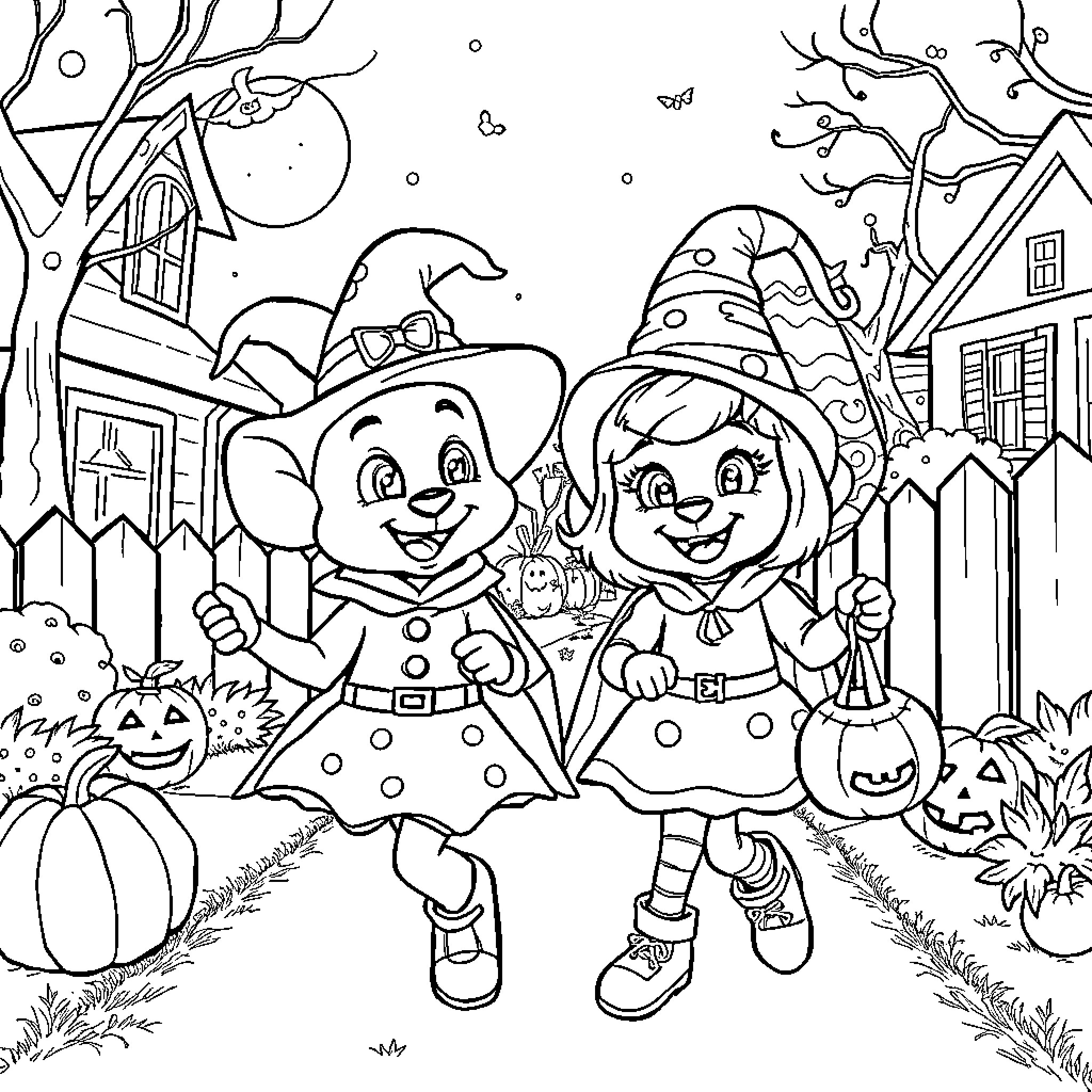 Bluey's Whimsical Halloween Adventure Coloring Page (free black-and-white line drawing printable PDF for all, from beginners to advanced learners, including children, teens, adults, and seniors)