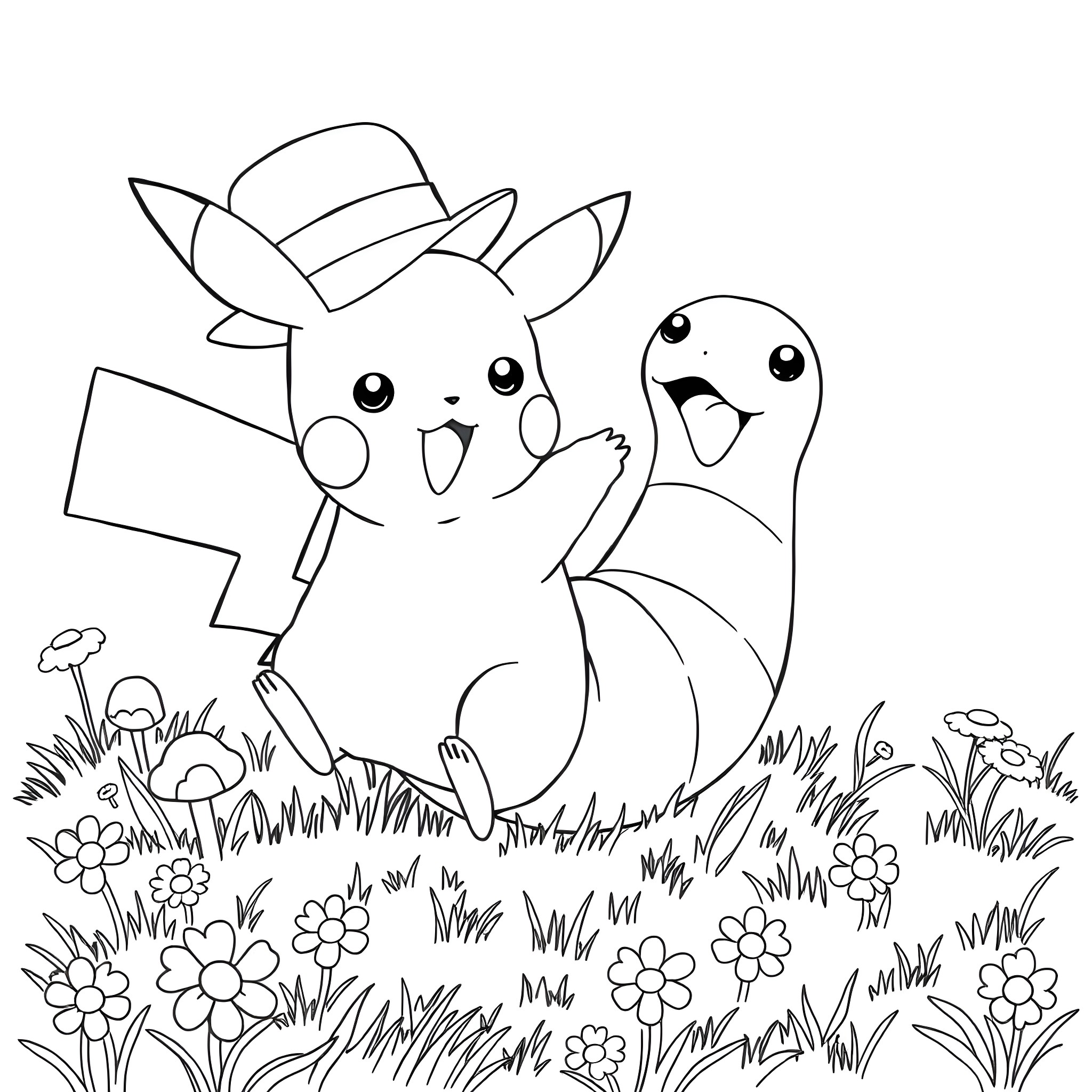 Pikachu and Ghostly Friend Exploring Flower Field Coloring Page (free black-and-white line drawing printable PDF for all, from beginners to advanced learners, including children, teens, adults, and seniors)