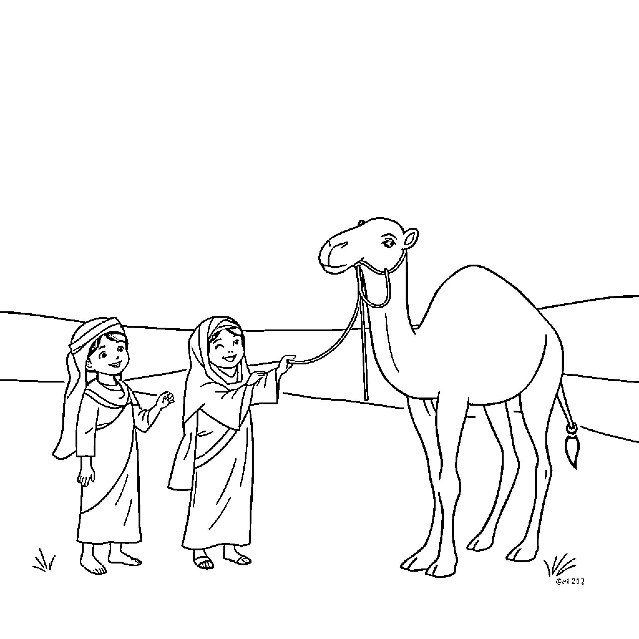 Camel and Travelers in the Desert Coloring Page (free black-and-white line drawing printable PDF for all, from beginners to advanced learners, including children, teens, adults, and seniors)