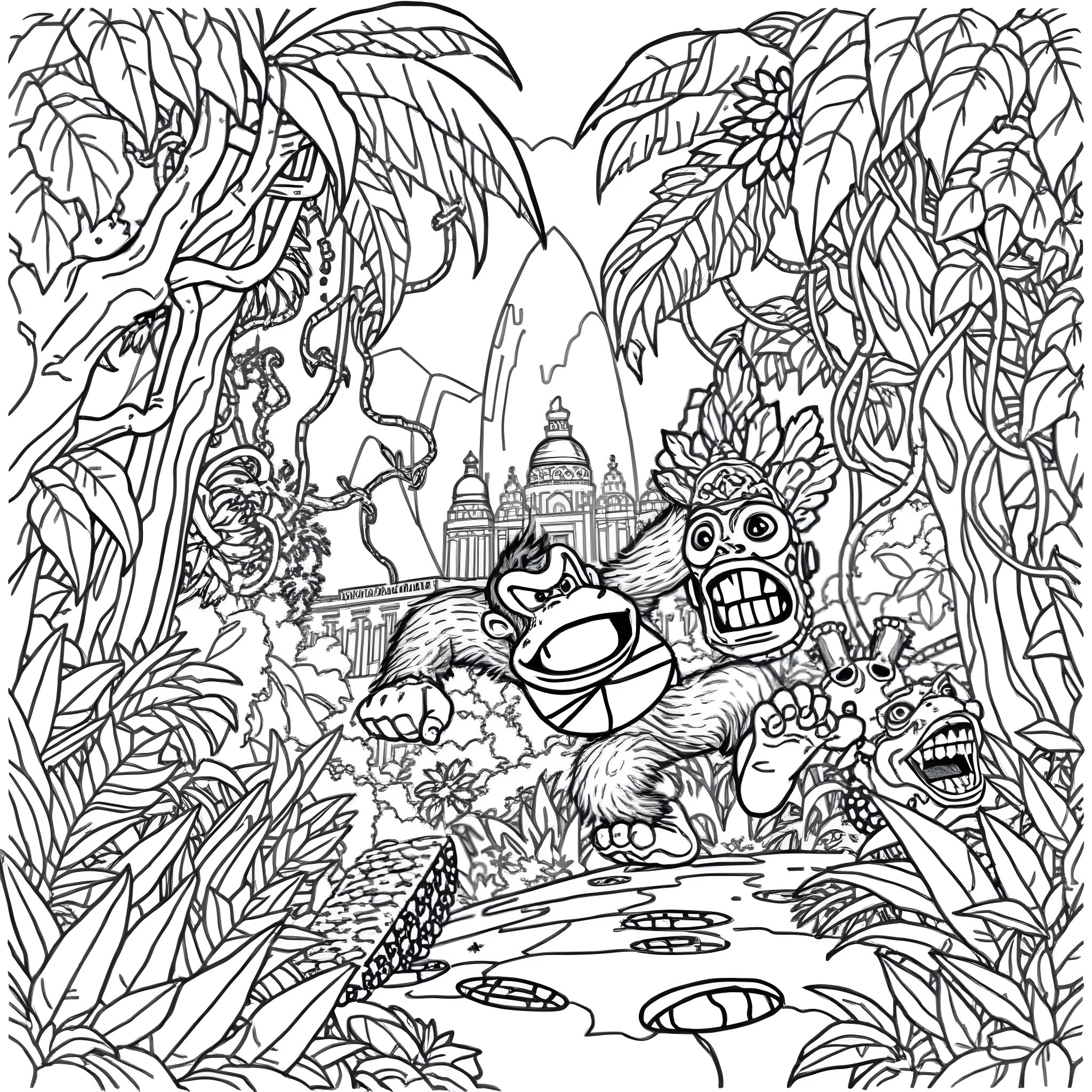 Donkey Kong in a Vibrant Jungle Adventure Coloring Page (free black-and-white line drawing printable PDF for all, from beginners to advanced learners, including children, teens, adults, and seniors)