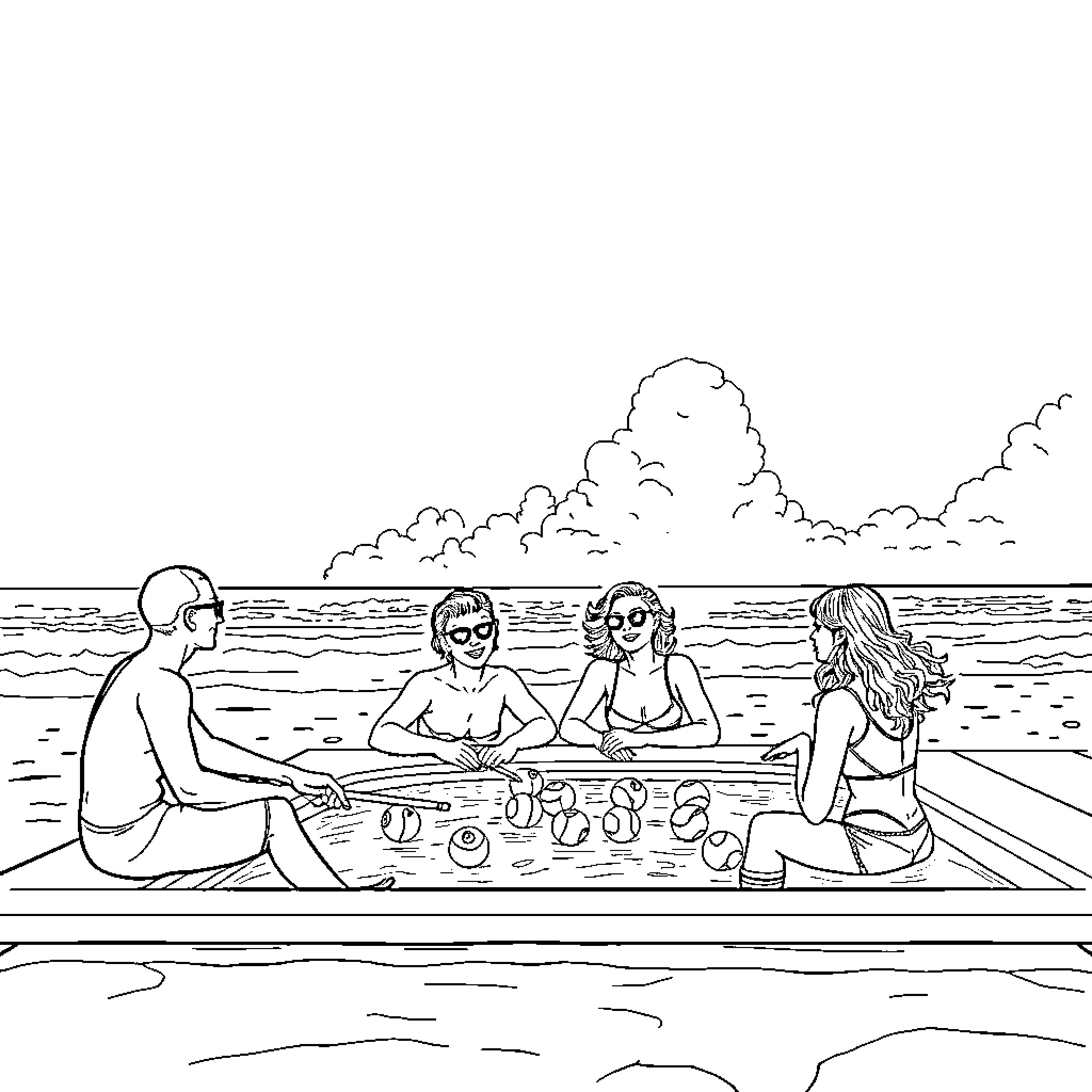 Pool party with friends enjoying the water Coloring Page (free black-and-white line drawing printable PDF for all, from beginners to advanced learners, including children, teens, adults, and seniors)