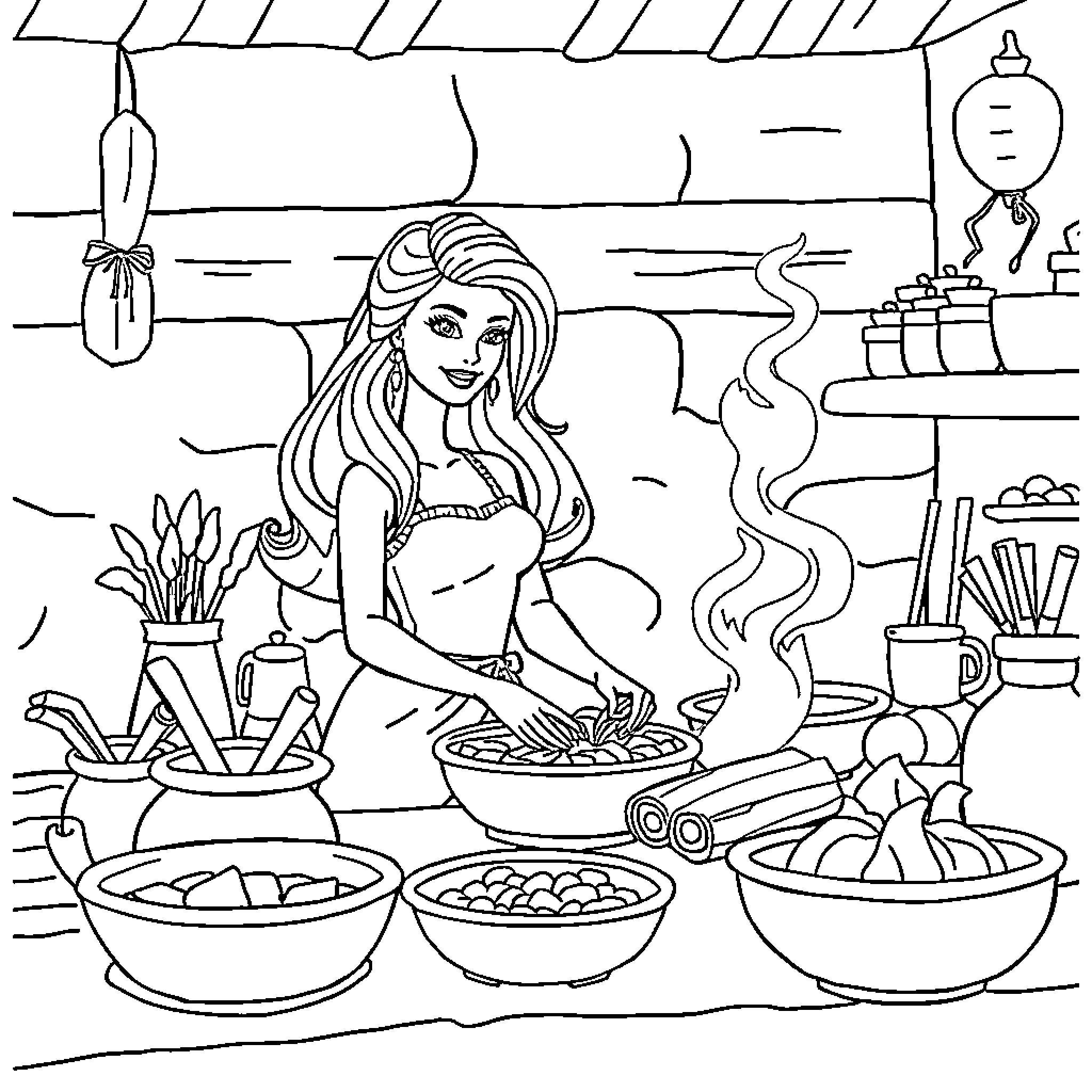 Barbie cooking in her kitchen Coloring Page (free black-and-white line drawing printable PDF for all, from beginners to advanced learners, including children, teens, adults, and seniors)