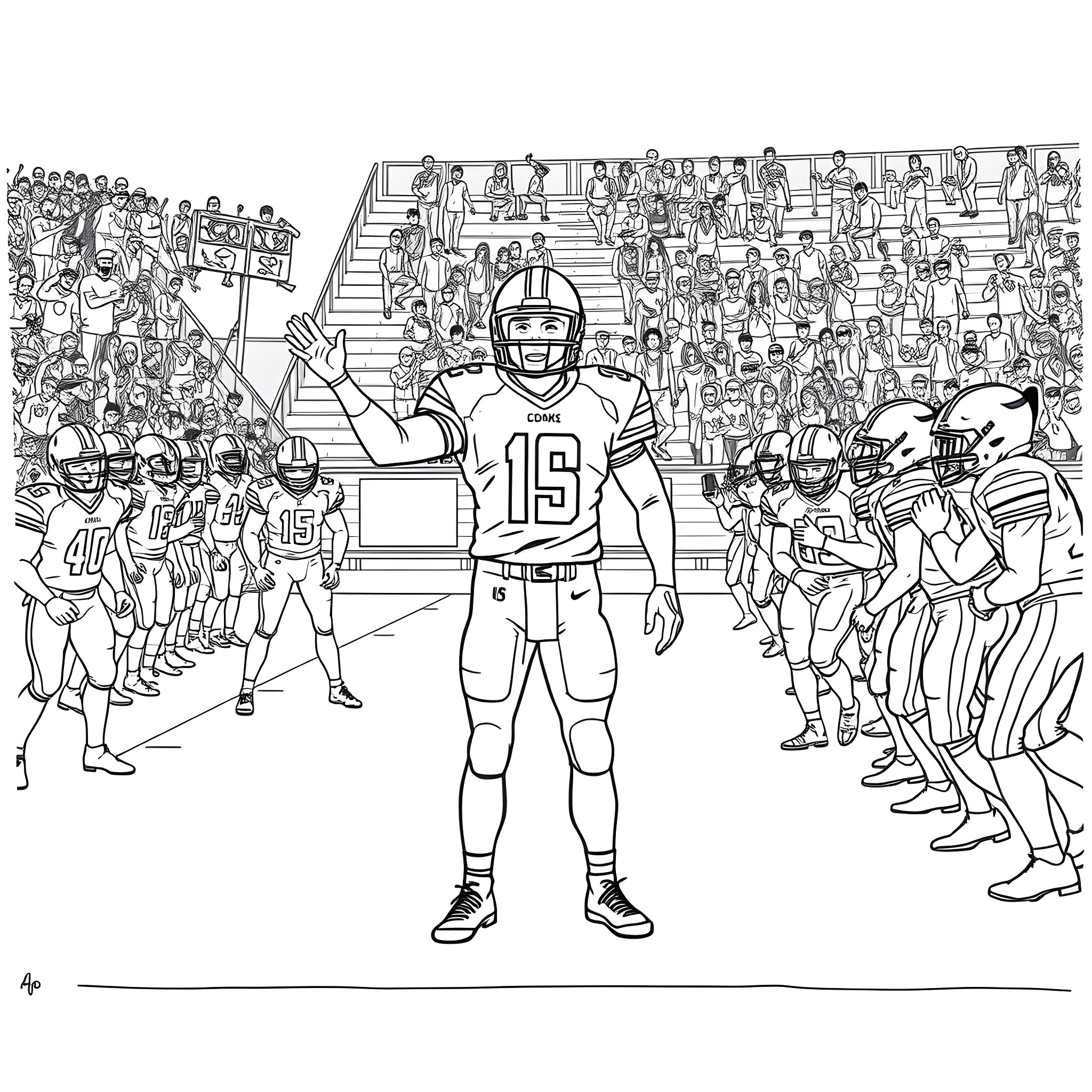 Jayden Daniels leads team in energetic football match Coloring Page (free black-and-white line drawing printable PDF for all, from beginners to advanced learners, including children, teens, adults, and seniors)