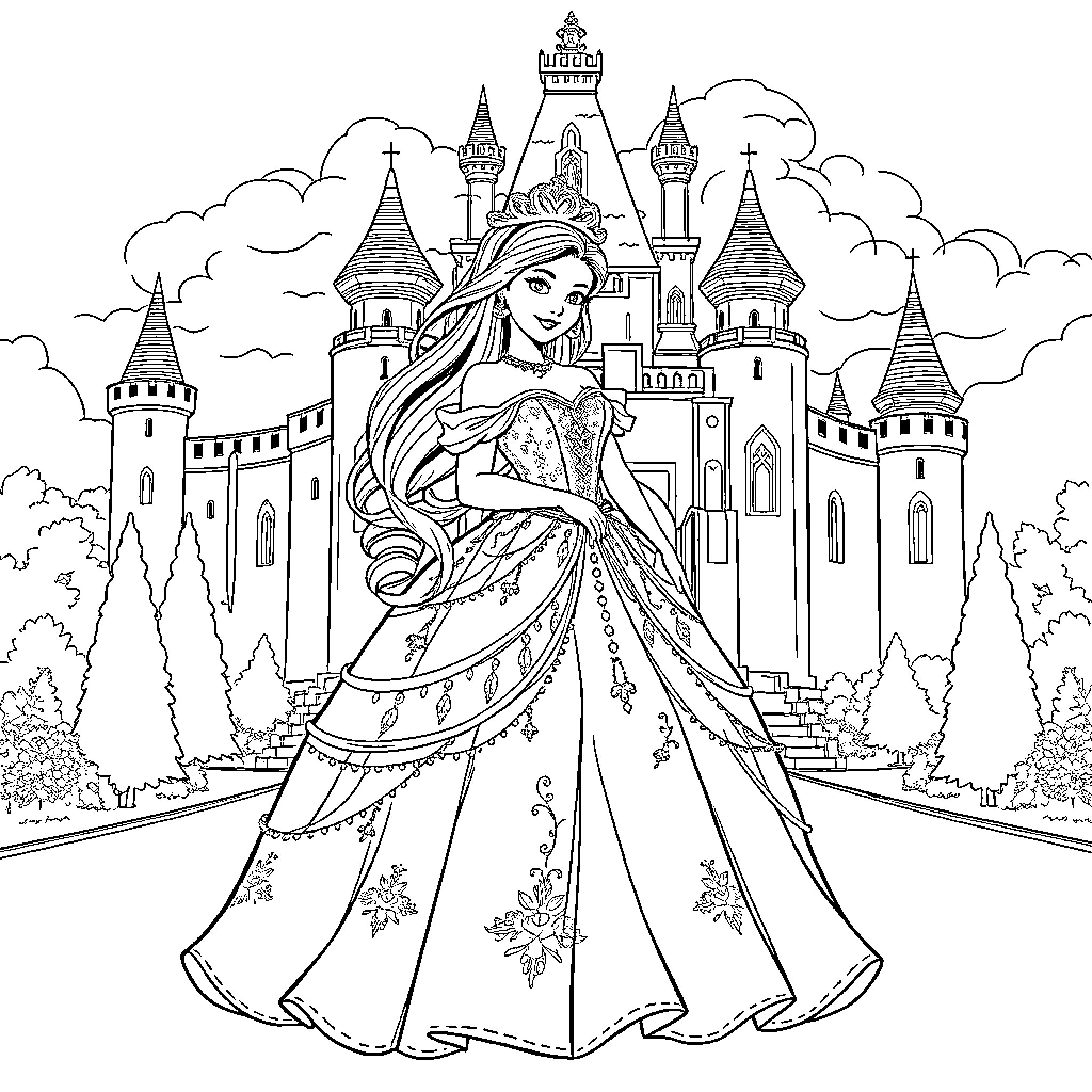 Cinderella in a Fairy Tale Castle Scene Coloring Page (free black-and-white line drawing printable PDF for all, from beginners to advanced learners, including children, teens, adults, and seniors)