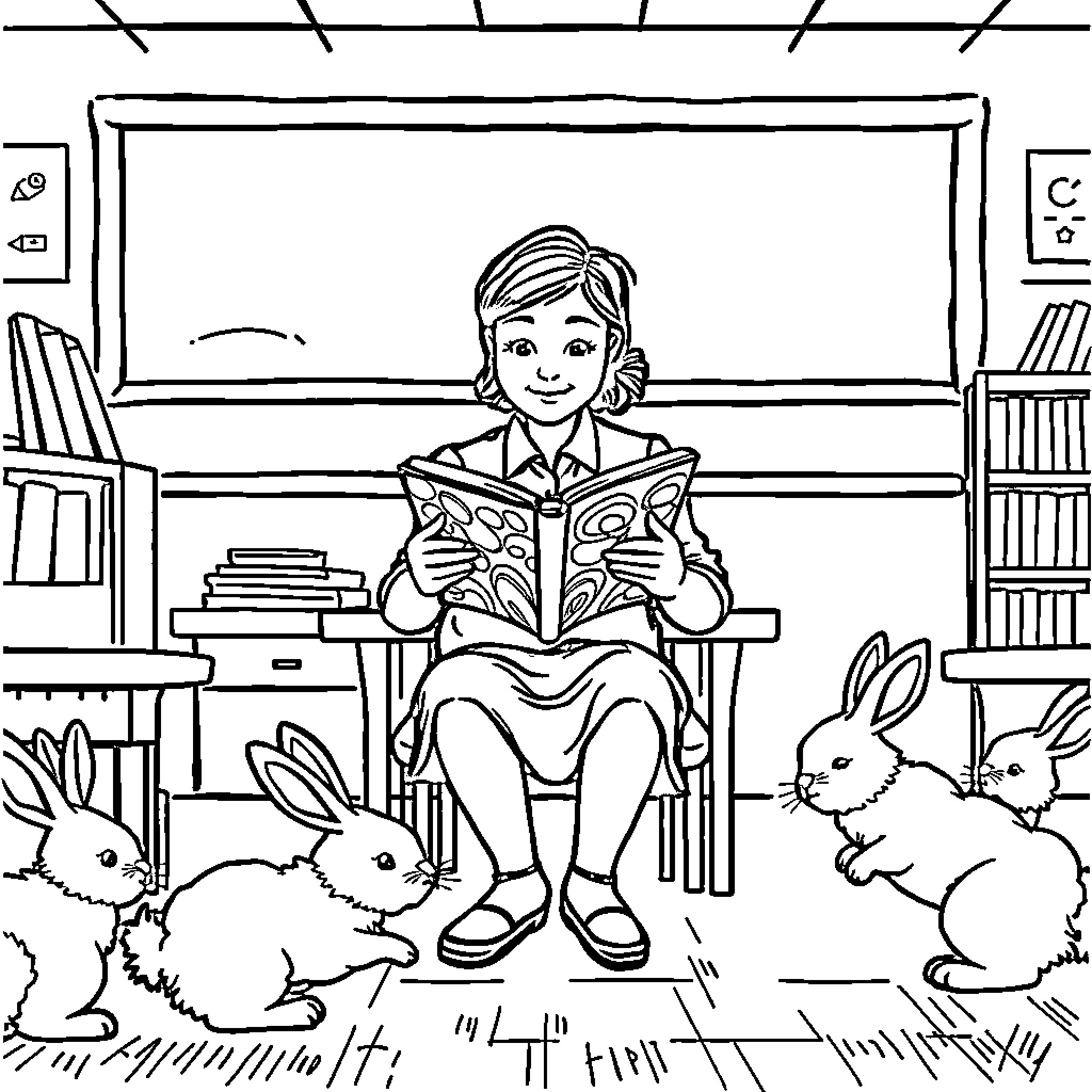 Teacher reading storybook to curious bunnies in classroom Coloring Page (free black-and-white line drawing printable PDF for all, from beginners to advanced learners, including children, teens, adults, and seniors)