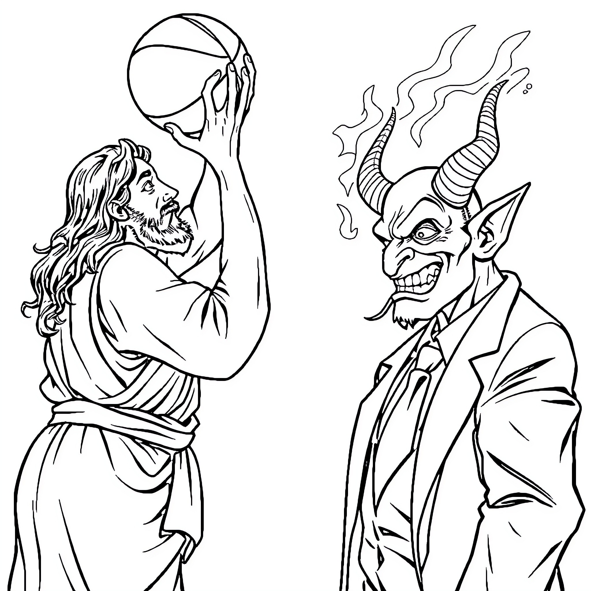Jesus Confronting the Demon in Spiritual Warfare Coloring Page (free black-and-white line drawing printable PDF for all, from beginners to advanced learners, including children, teens, adults, and seniors)