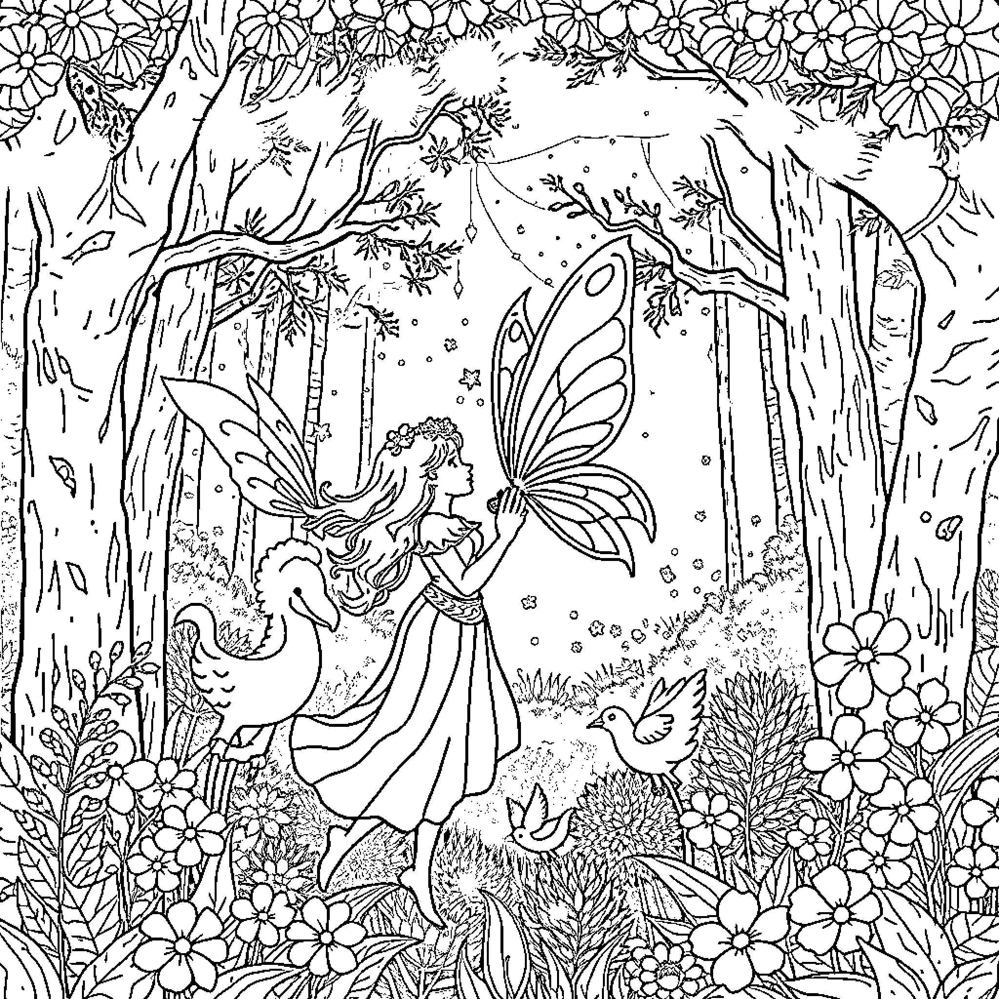 Fairy enchants forest with magical creatures Coloring Page (free black-and-white line drawing printable PDF for all, from beginners to advanced learners, including children, teens, adults, and seniors)
