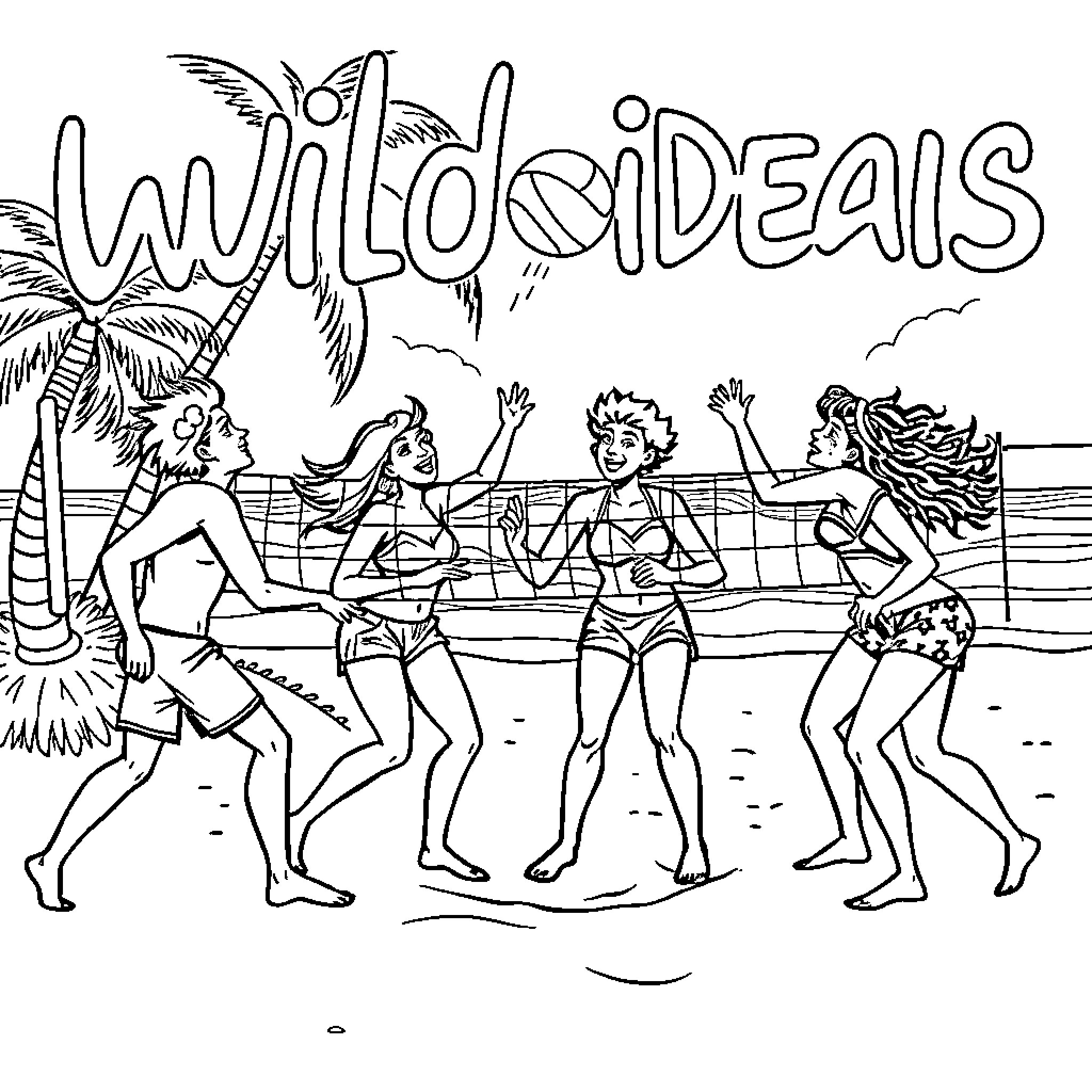 Brainrot: Wild beach party with lively characters Coloring Page (free black-and-white line drawing printable PDF for all, from beginners to advanced learners, including children, teens, adults, and seniors)