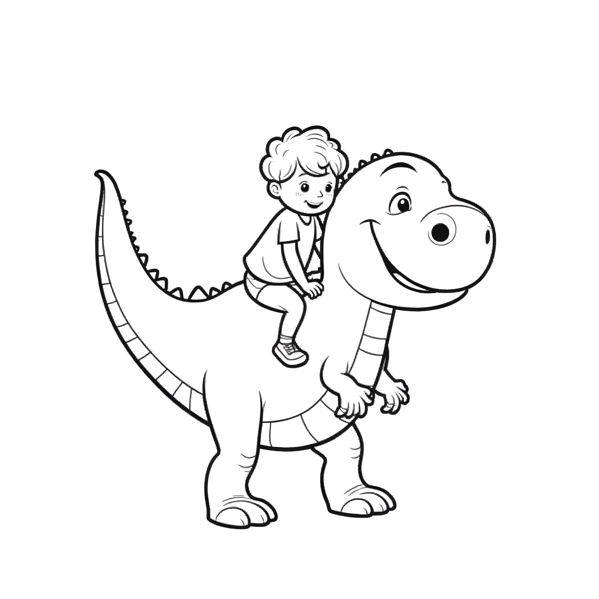 Dinosaur and child playing happily together Coloring Page (free black-and-white line drawing printable PDF for all, from beginners to advanced learners, including children, teens, adults, and seniors)