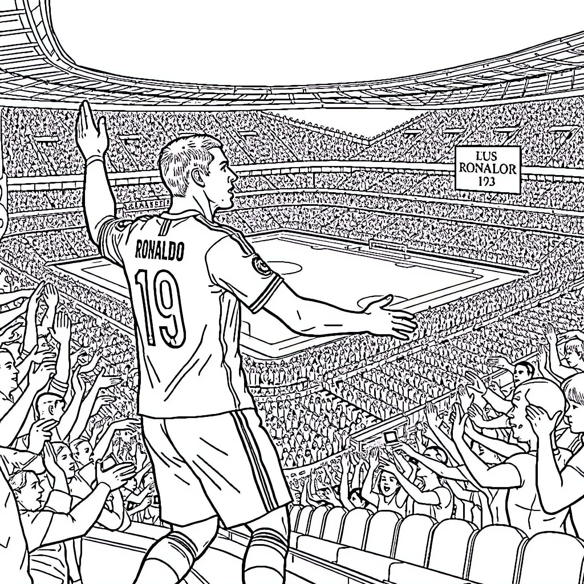 Ronaldo celebrating on the field with fans Coloring Page (free black-and-white line drawing printable PDF for all, from beginners to advanced learners, including children, teens, adults, and seniors)
