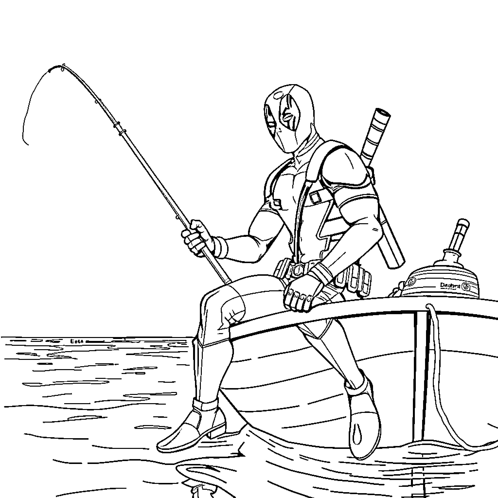 Deadpool fishing on a striped boat Coloring Page (free black-and-white line drawing printable PDF for all, from beginners to advanced learners, including children, teens, adults, and seniors)