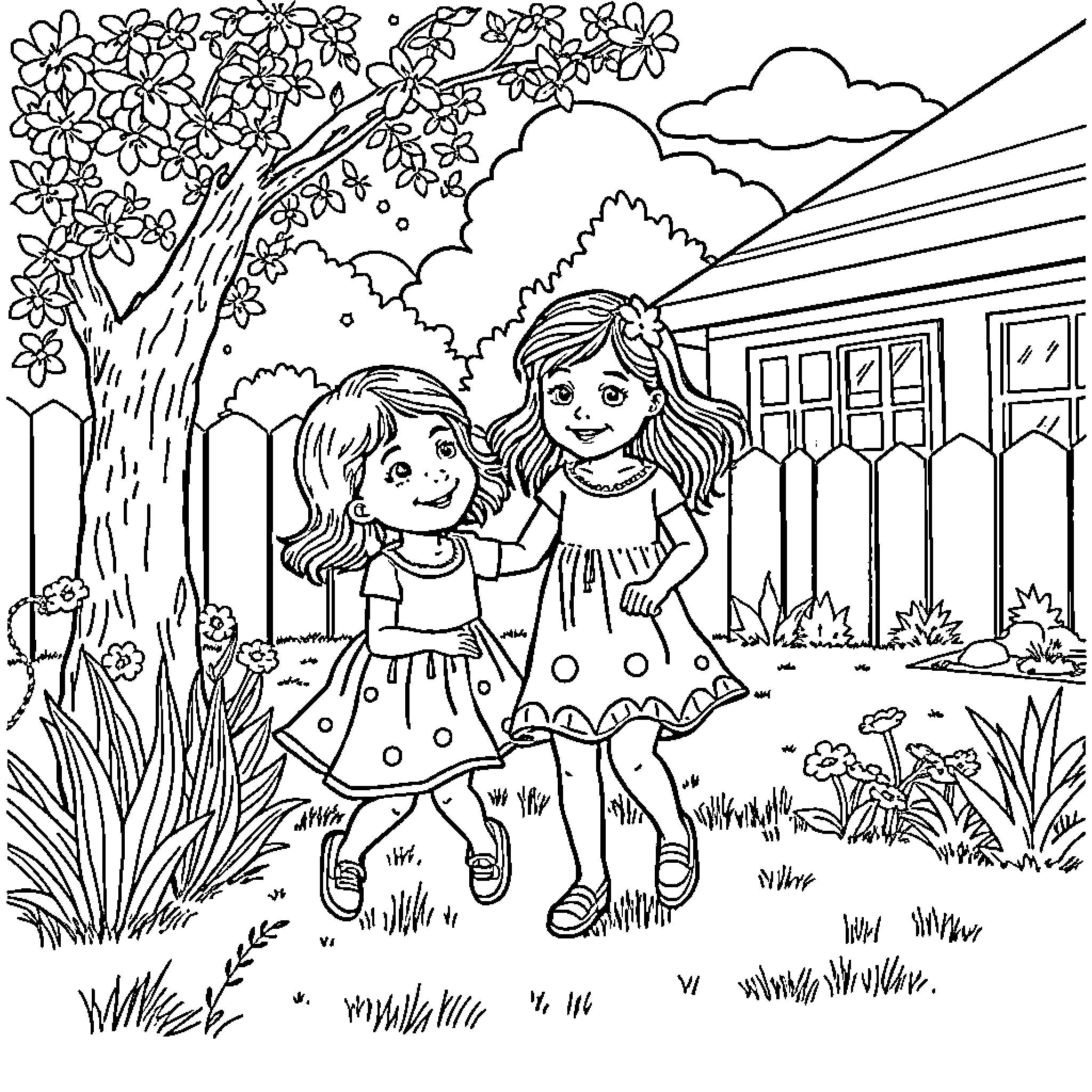 Sisters enjoying the garden on a sunny day Coloring Page (free black-and-white line drawing printable PDF for all, from beginners to advanced learners, including children, teens, adults, and seniors)