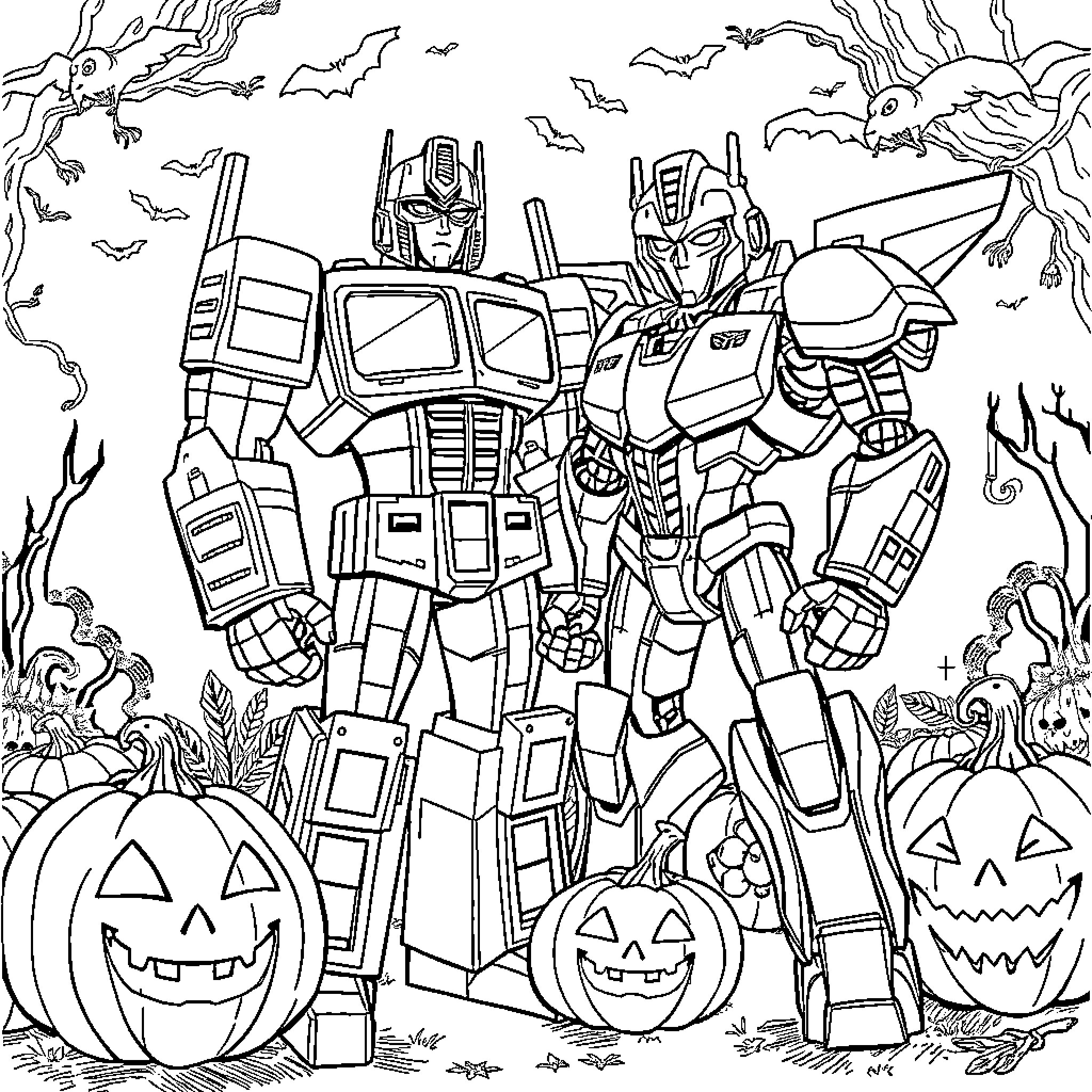 Optimus Prime and Autobots in Halloween Landscape Coloring Page (free black-and-white line drawing printable PDF for all, from beginners to advanced learners, including children, teens, adults, and seniors)