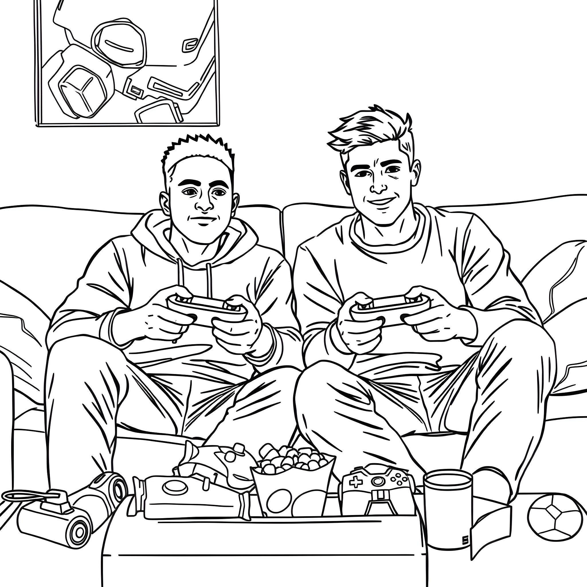 Teen Guys Playing Video Games on Couch Coloring Page (free black-and-white line drawing printable PDF for all, from beginners to advanced learners, including children, teens, adults, and seniors)