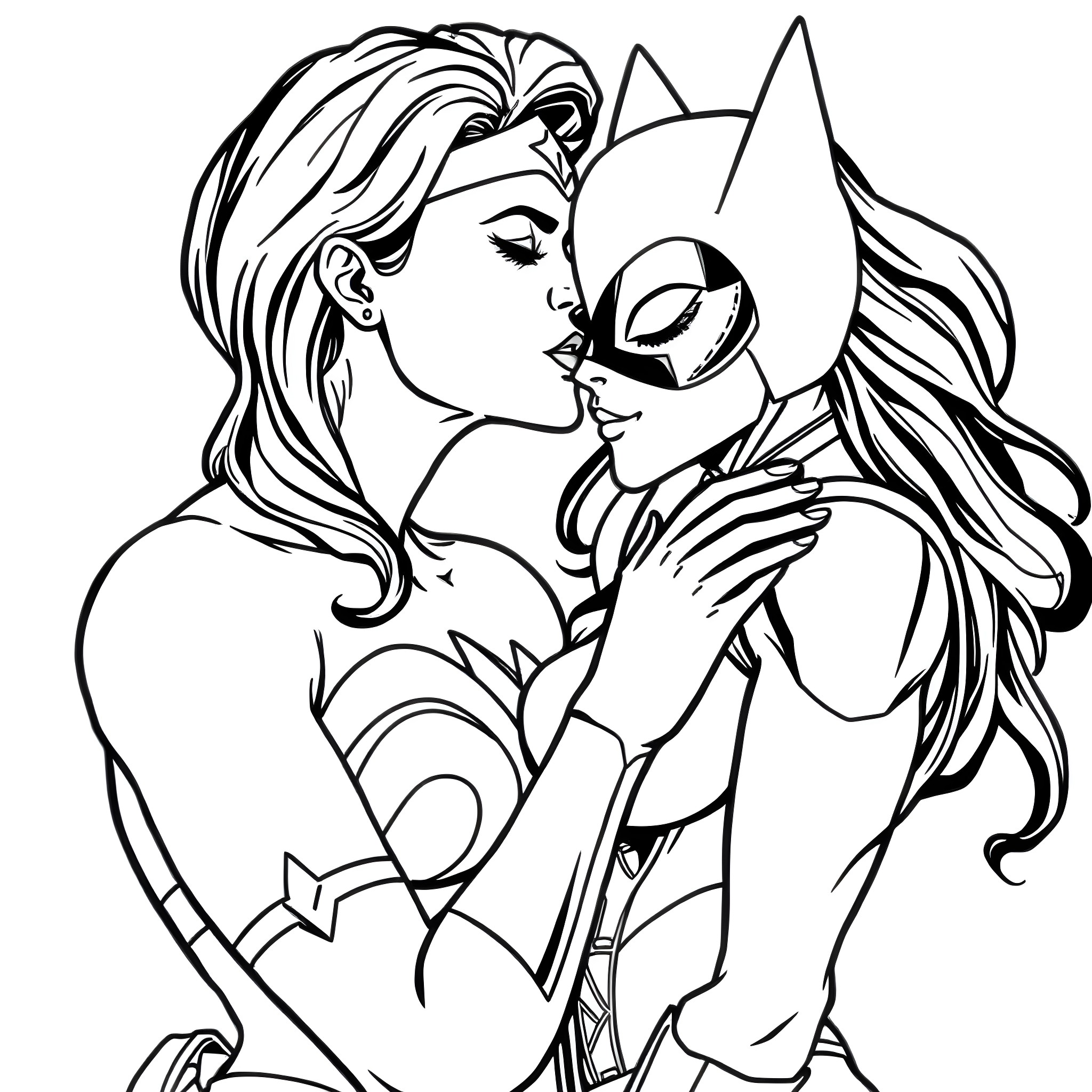 Wonder Woman and Catwoman in a loving embrace Coloring Page (free black-and-white line drawing printable PDF for all, from beginners to advanced learners, including children, teens, adults, and seniors)