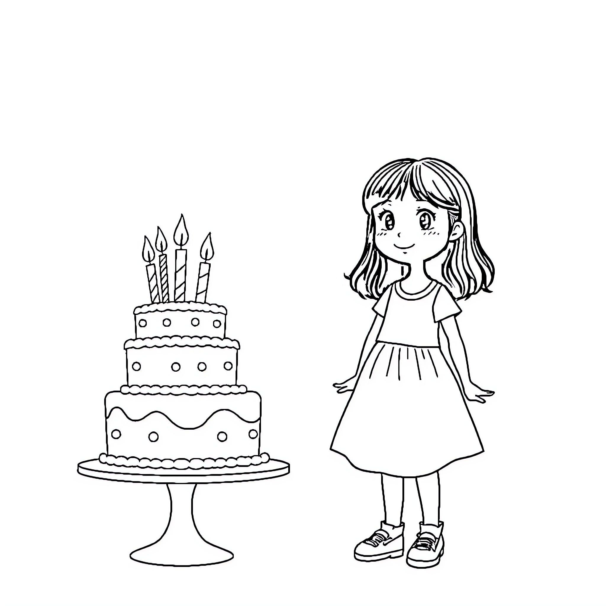 Girl Celebrating Birthday with Cake Coloring Page (free black-and-white line drawing printable PDF for all, from beginners to advanced learners, including children, teens, adults, and seniors)