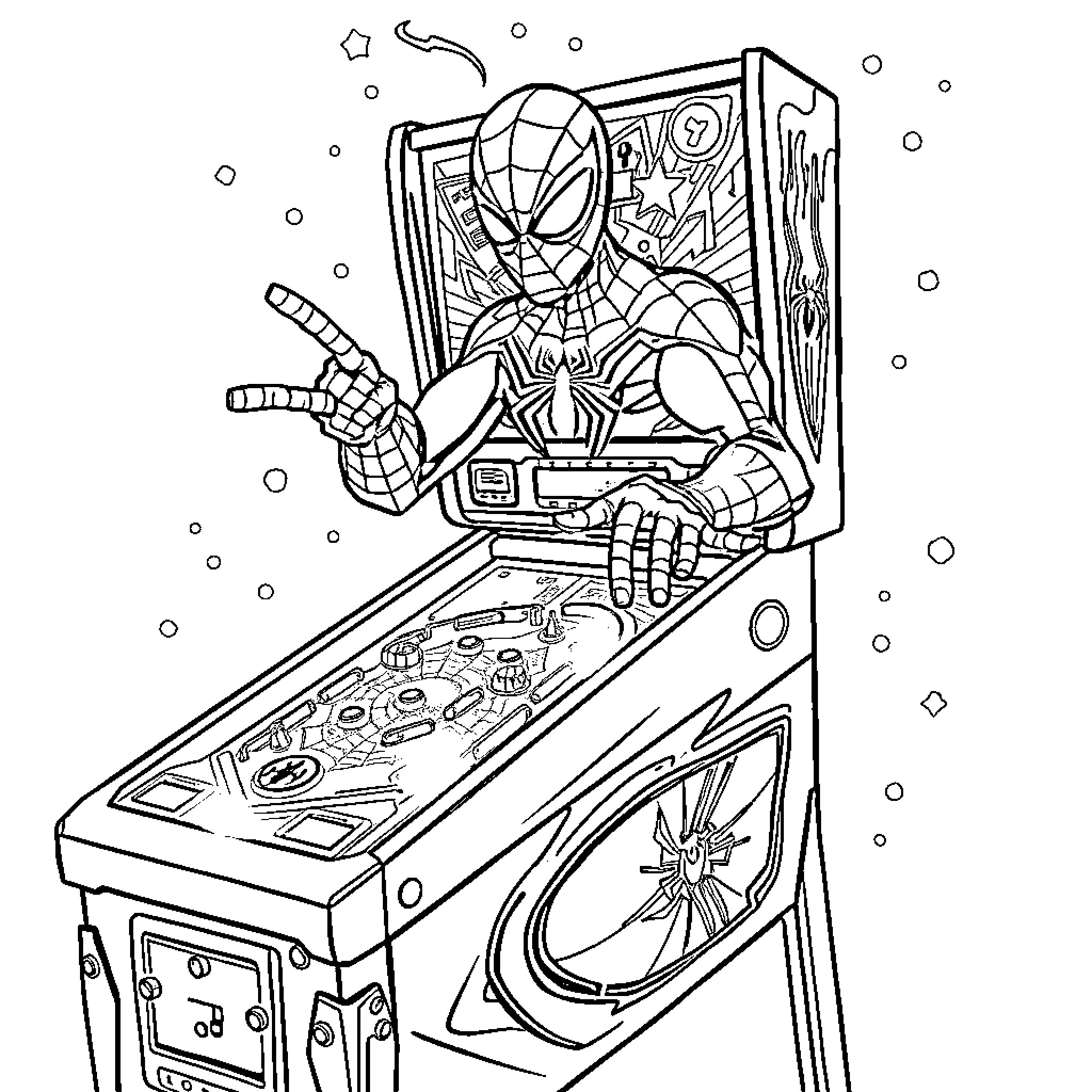 Spiderman playing pinball in an arcade Coloring Page (free black-and-white line drawing printable PDF for all, from beginners to advanced learners, including children, teens, adults, and seniors)