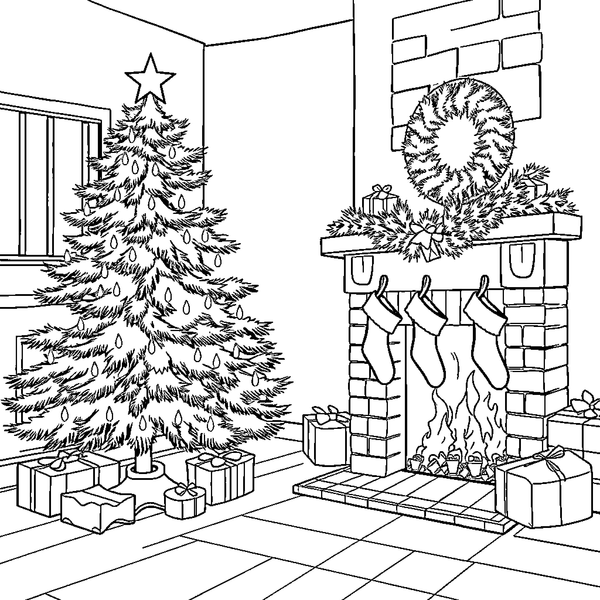 Christmas Scene with Tree and Fireplace Coloring Page (free black-and-white line drawing printable PDF for all, from beginners to advanced learners, including children, teens, adults, and seniors)