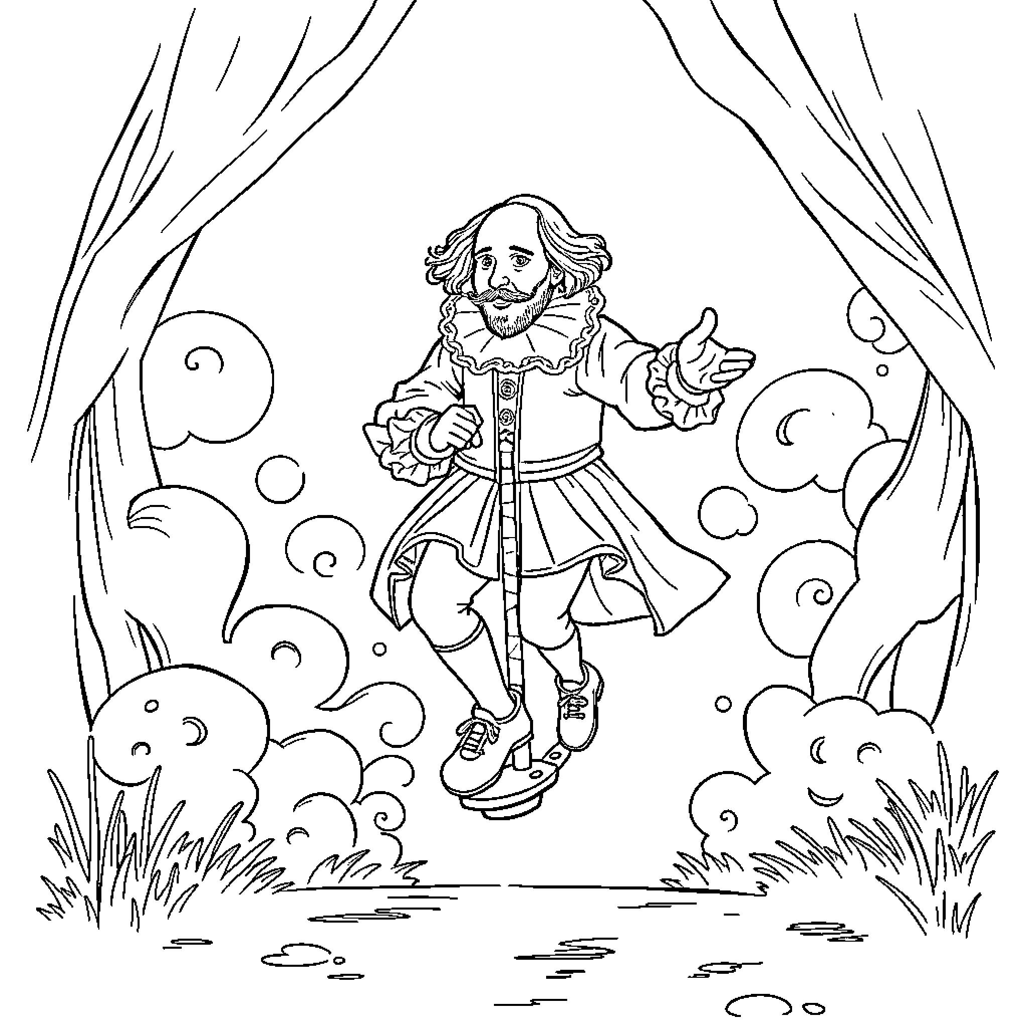 Shakespeare's Whimsical Dance in Nature's Embrace Coloring Page (free black-and-white line drawing printable PDF for all, from beginners to advanced learners, including children, teens, adults, and seniors)
