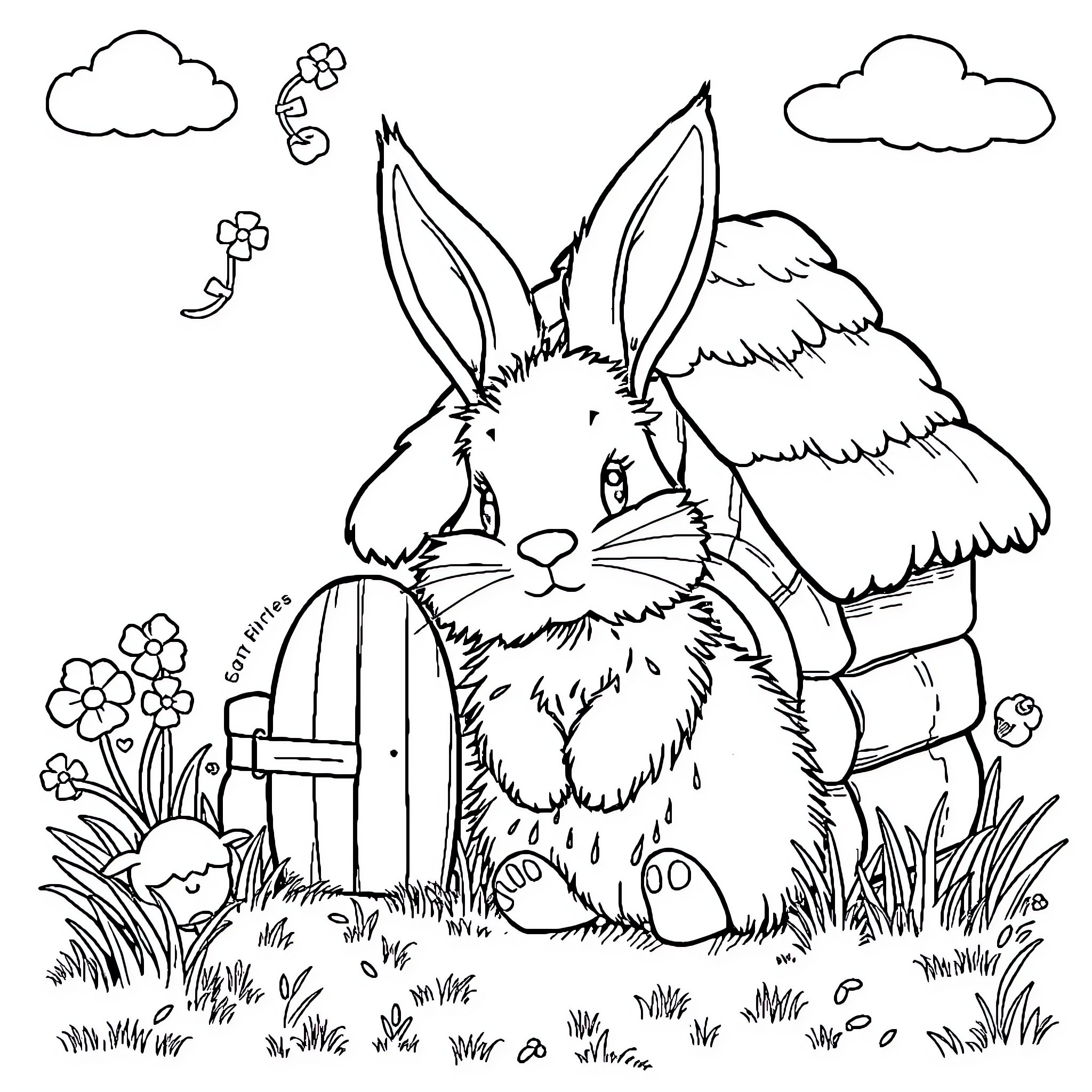 Bunny relaxing in the peaceful garden Coloring Page (free black-and-white line drawing printable PDF for all, from beginners to advanced learners, including children, teens, adults, and seniors)