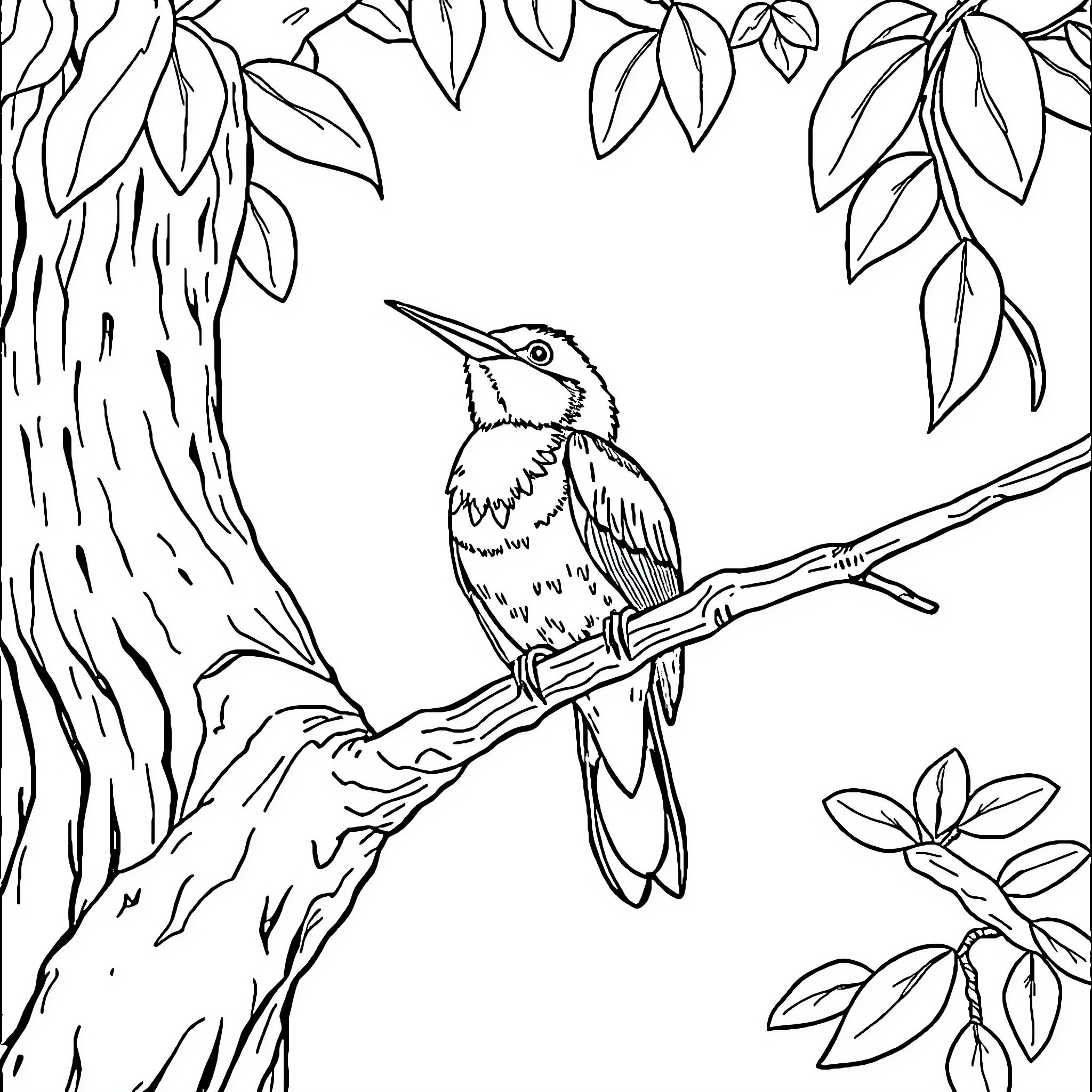 Bird perching on tree branch in nature Coloring Page (free black-and-white line drawing printable PDF for all, from beginners to advanced learners, including children, teens, adults, and seniors)
