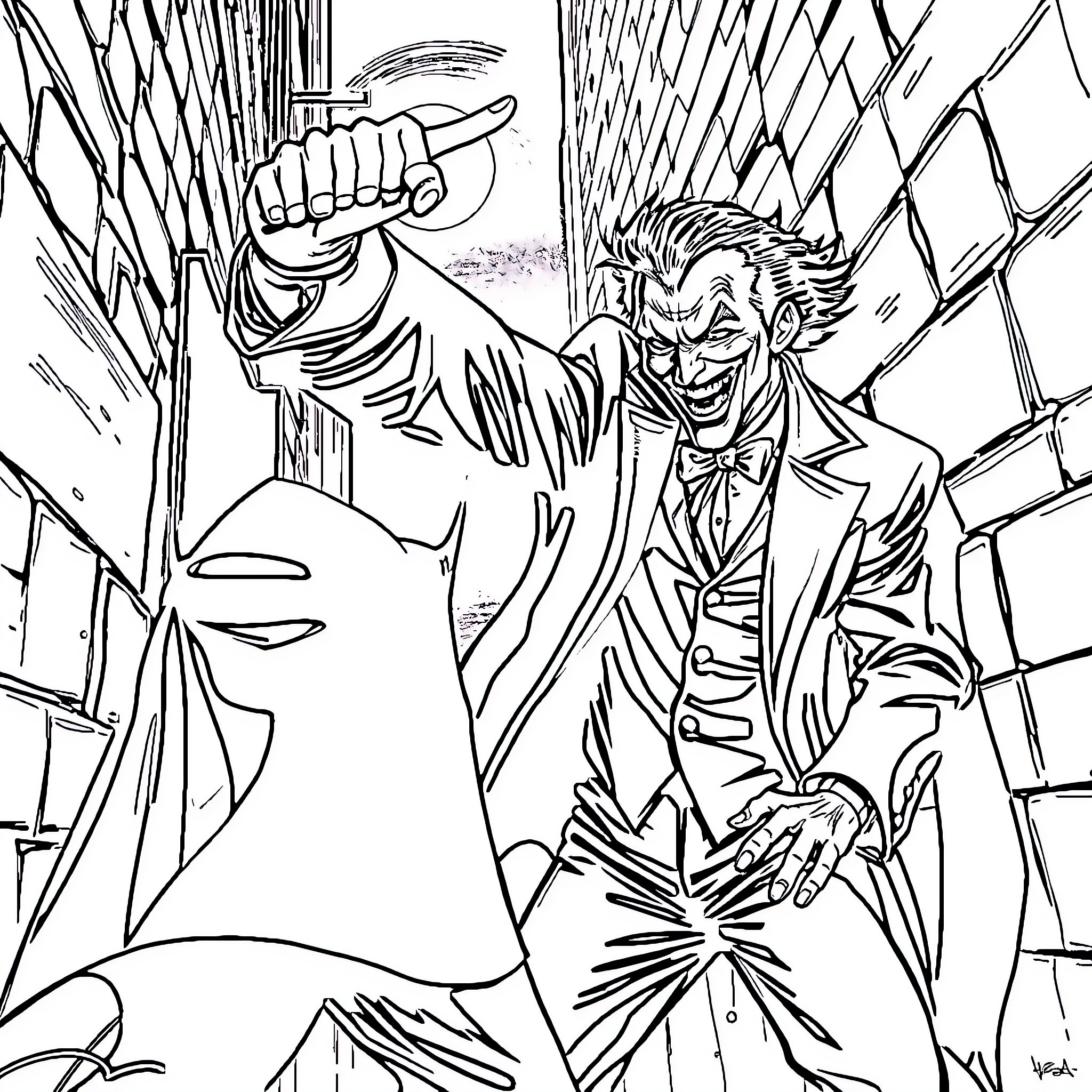 Bad Man Wreaking Havoc in Chaotic Scene Coloring Page (free black-and-white line drawing printable PDF for all, from beginners to advanced learners, including children, teens, adults, and seniors)