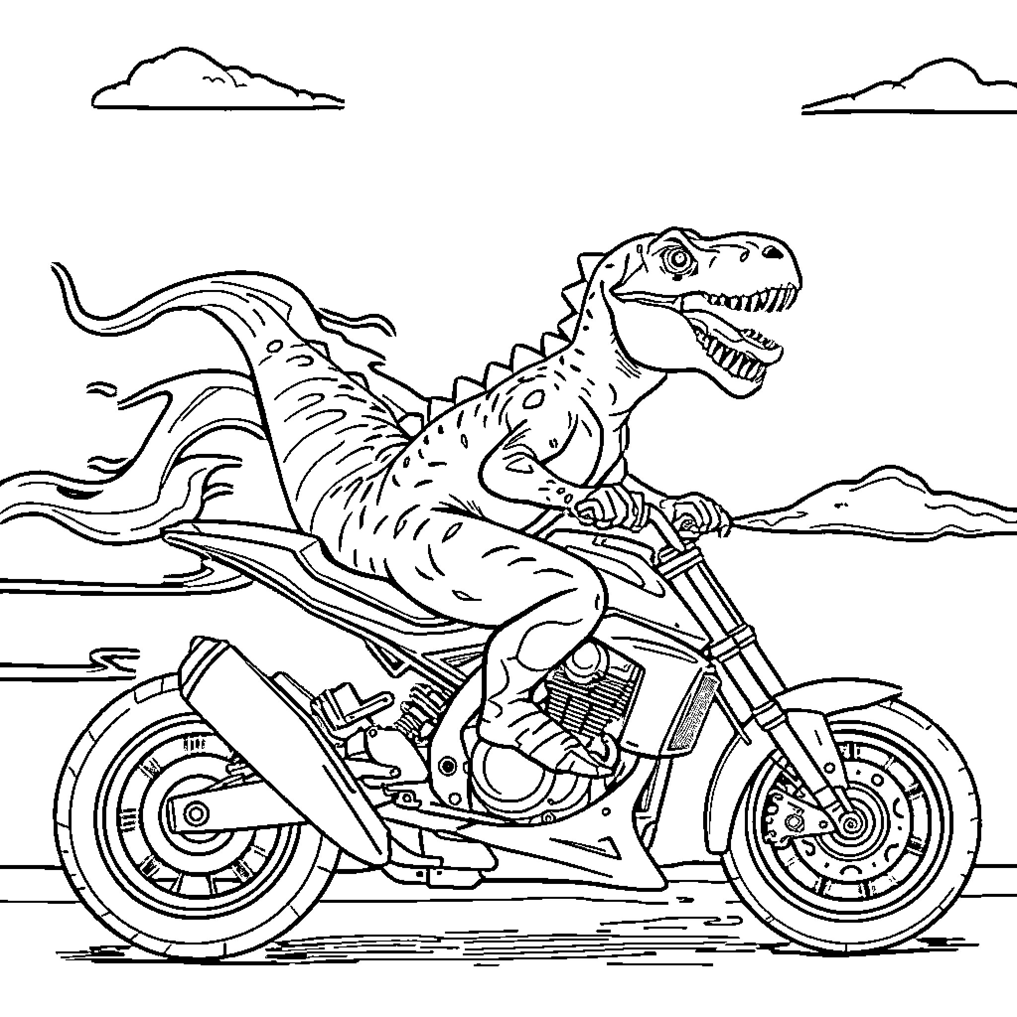 Dinosaur Riding Motorcycle on the Road Coloring Page (free black-and-white line drawing printable PDF for all, from beginners to advanced learners, including children, teens, adults, and seniors)