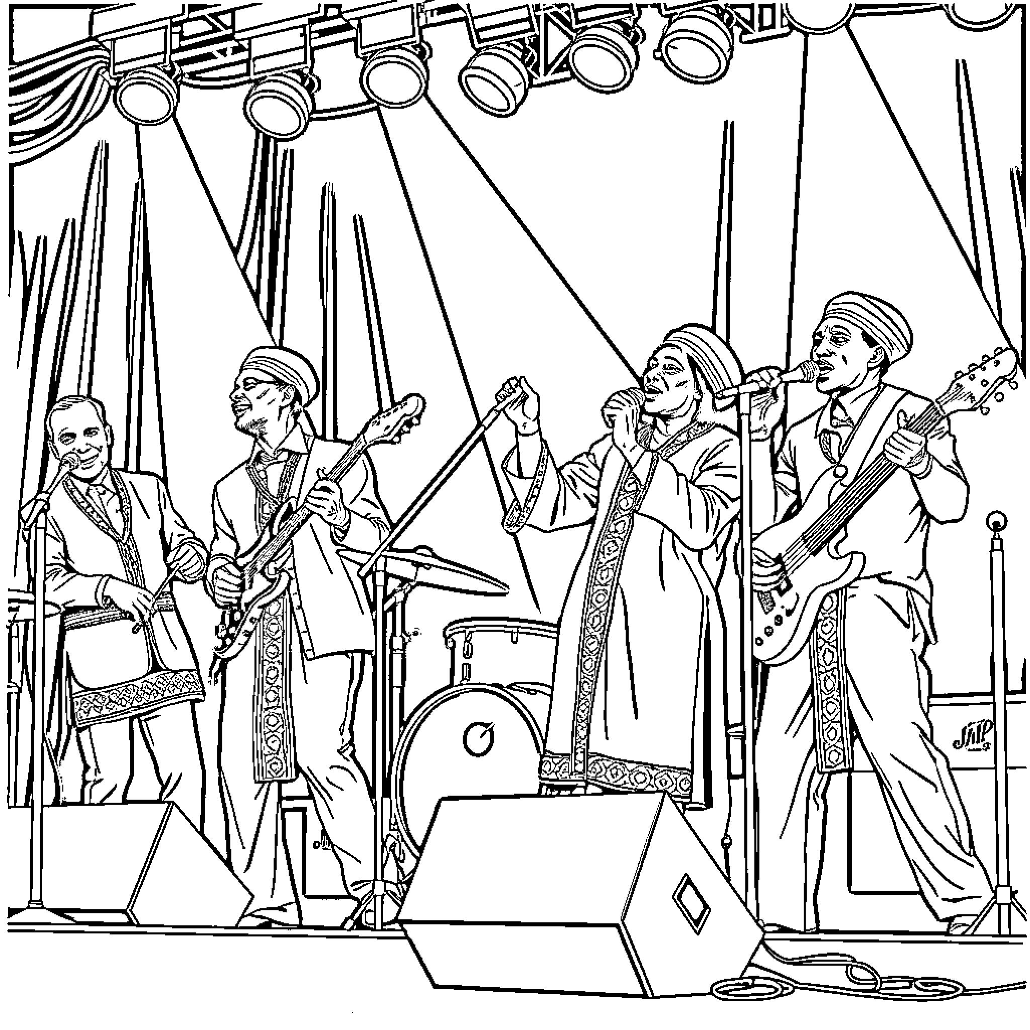 Ethiopian Alphabet: Music performers on stage Coloring Page (free black-and-white line drawing printable PDF for all, from beginners to advanced learners, including children, teens, adults, and seniors)