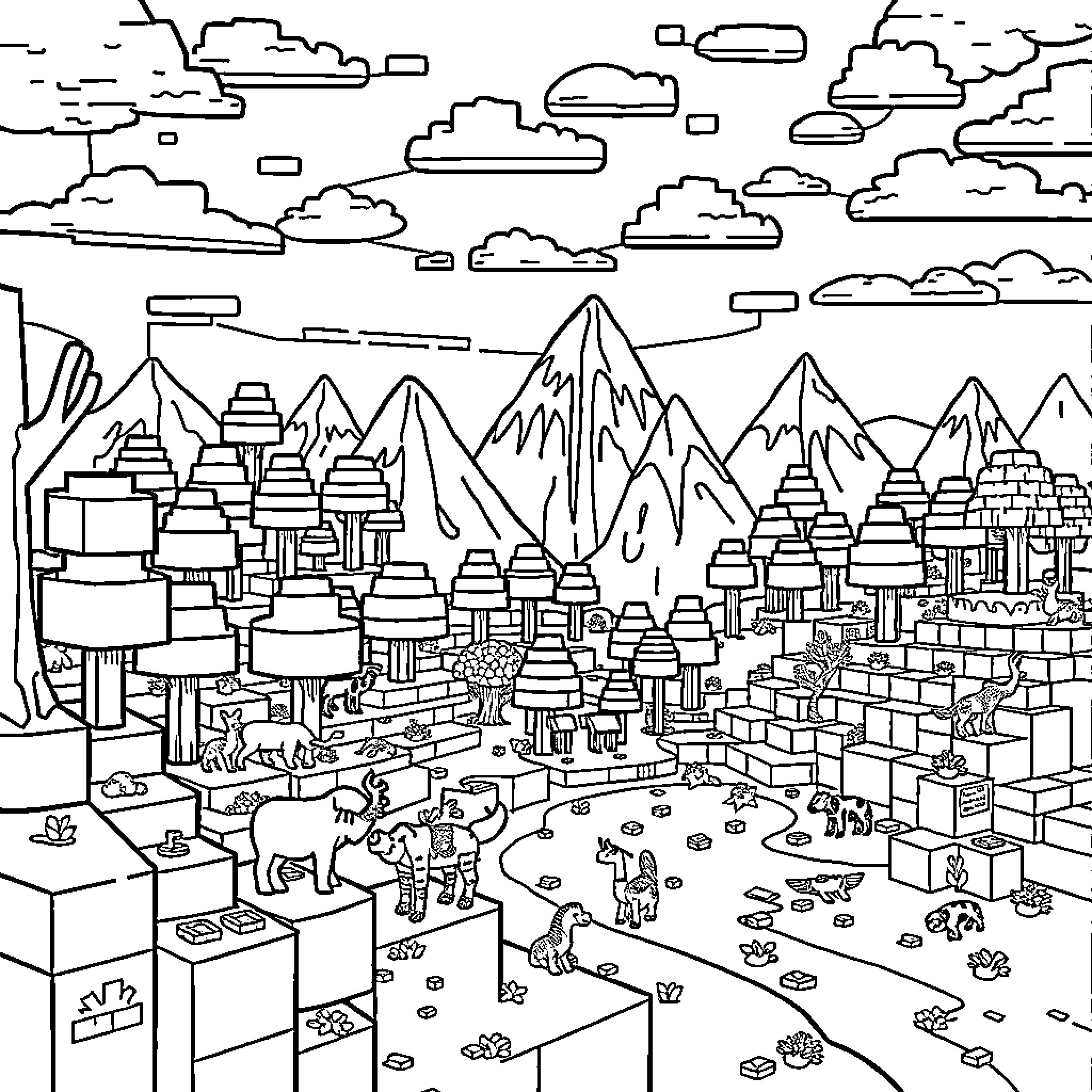 Minecraft Landscape with Cityscape, Mountains, and Clouds Coloring Page (free black-and-white line drawing printable PDF for all, from beginners to advanced learners, including children, teens, adults, and seniors)