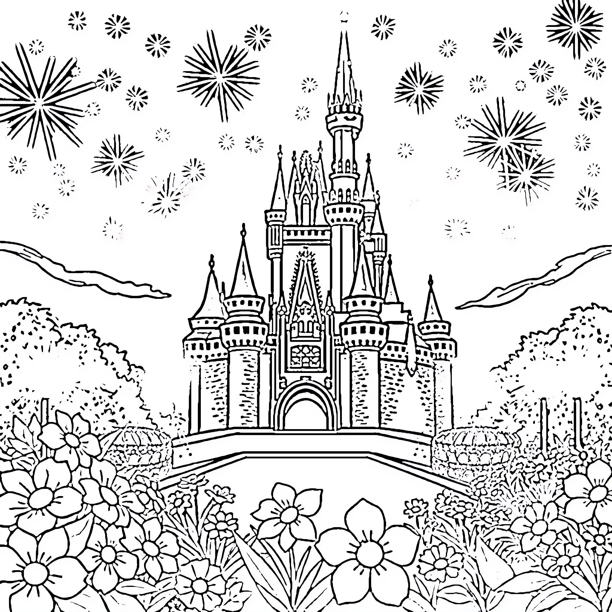 Castle amidst fireworks and floral landscape Coloring Page (free black-and-white line drawing printable PDF for all, from beginners to advanced learners, including children, teens, adults, and seniors)