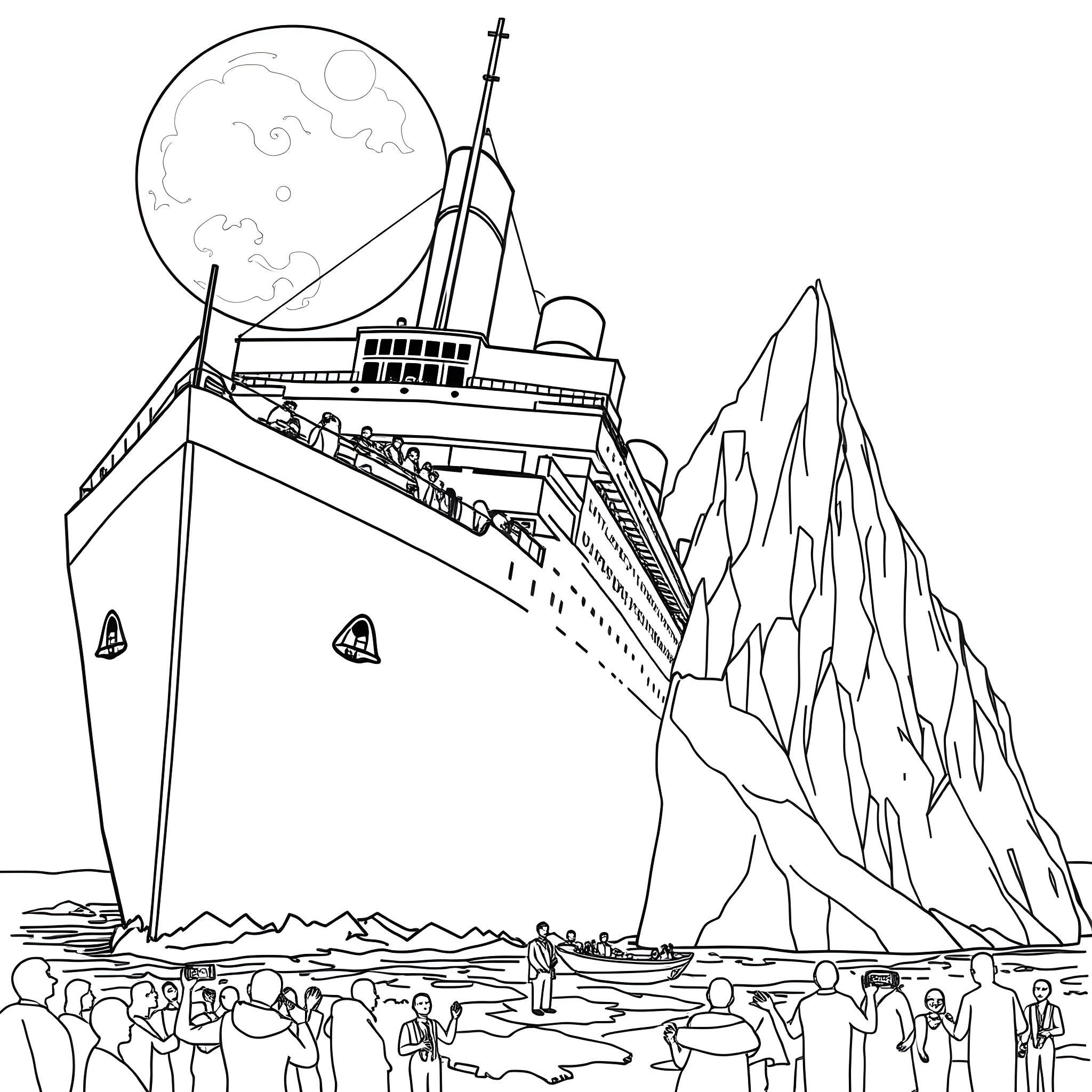 Titanic voyage through icy waters and mountains Coloring Page (free black-and-white line drawing printable PDF for all, from beginners to advanced learners, including children, teens, adults, and seniors)