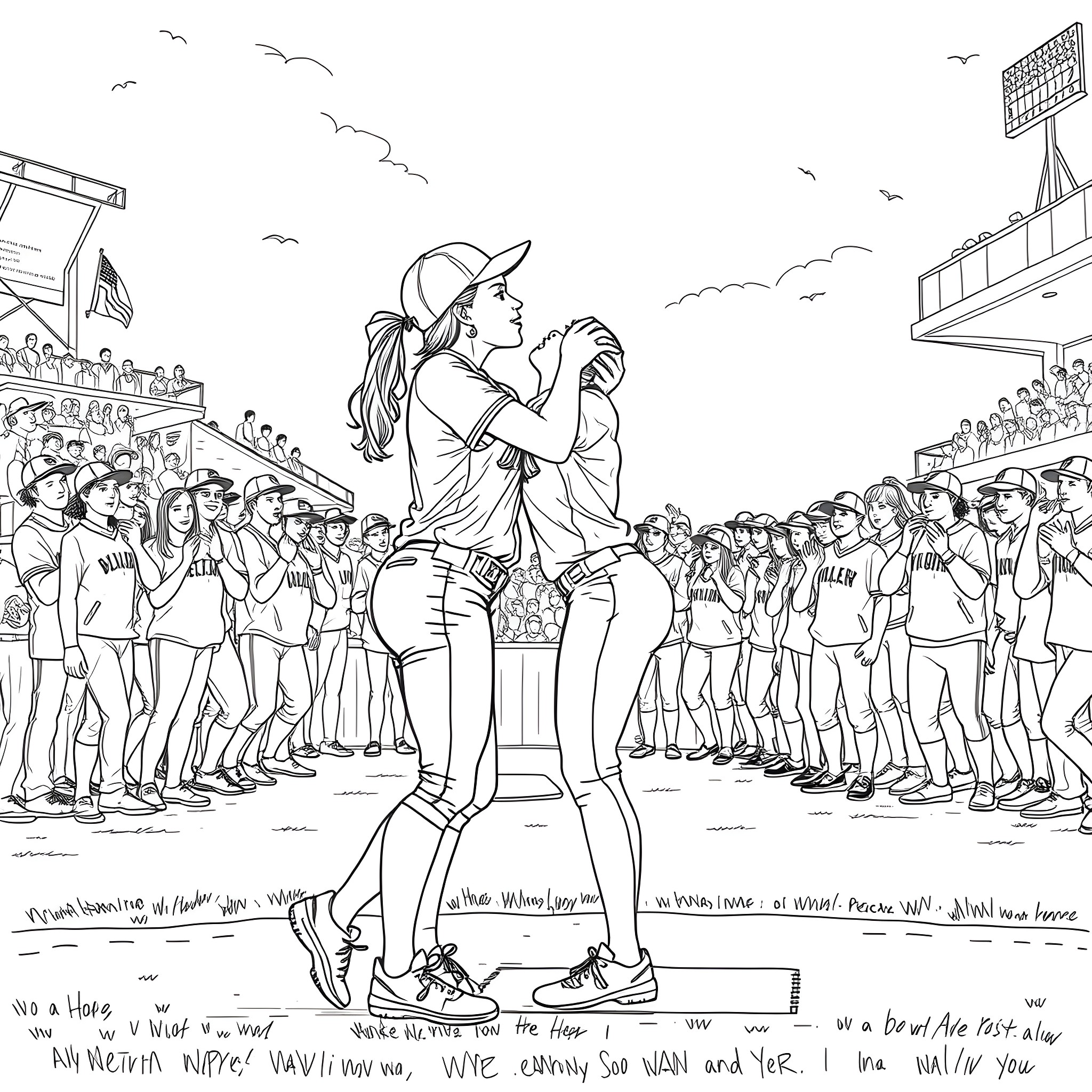 Woman celebrating sports victory with crowd Coloring Page (free black-and-white line drawing printable PDF for all, from beginners to advanced learners, including children, teens, adults, and seniors)