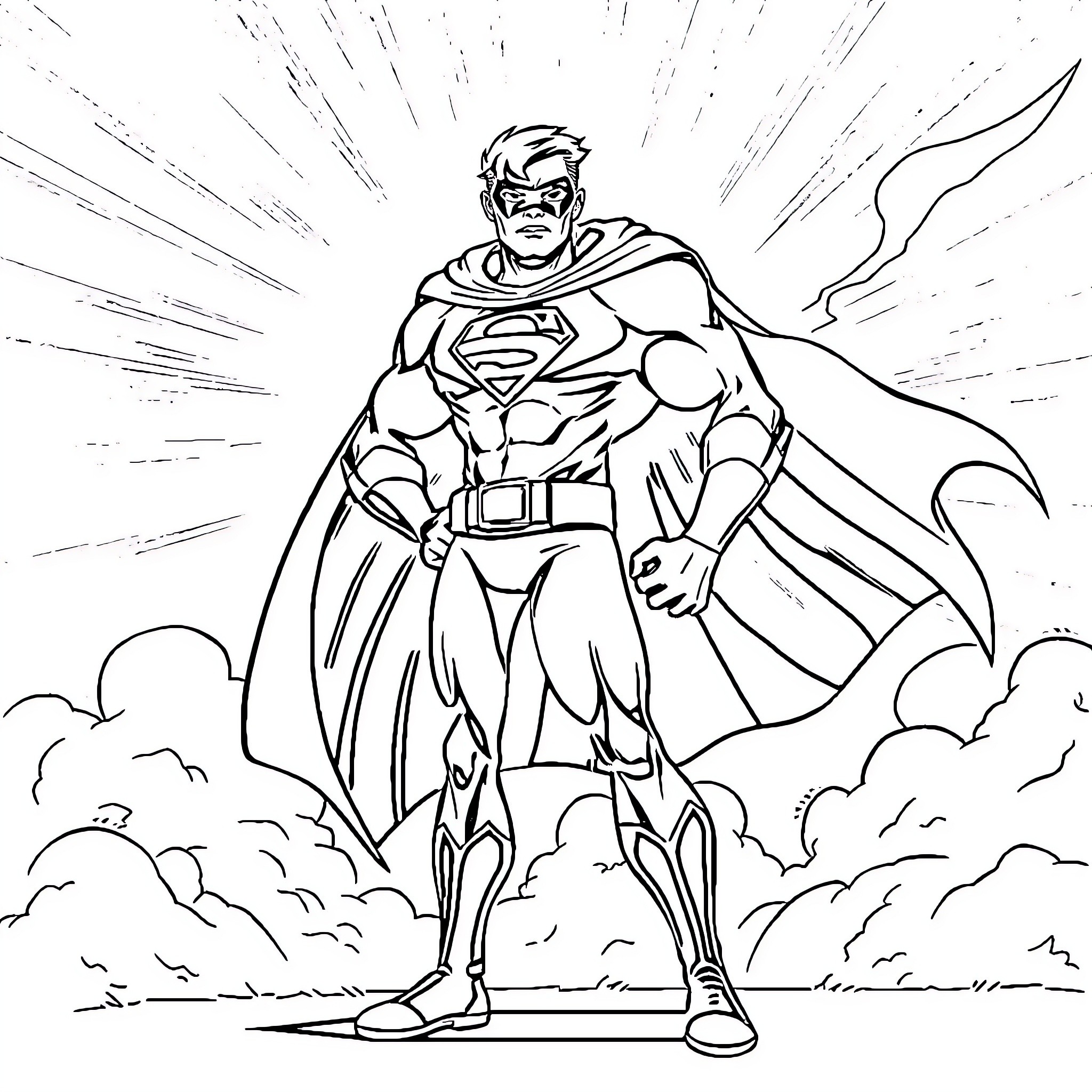 Superhero in action-packed pose with cape Coloring Page (free black-and-white line drawing printable PDF for all, from beginners to advanced learners, including children, teens, adults, and seniors)