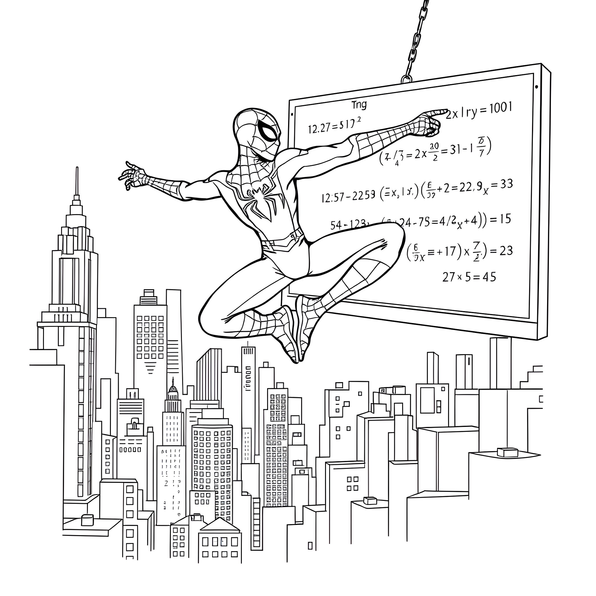 Spider-Man solving complex math equations in the city Coloring Page (free black-and-white line drawing printable PDF for all, from beginners to advanced learners, including children, teens, adults, and seniors)