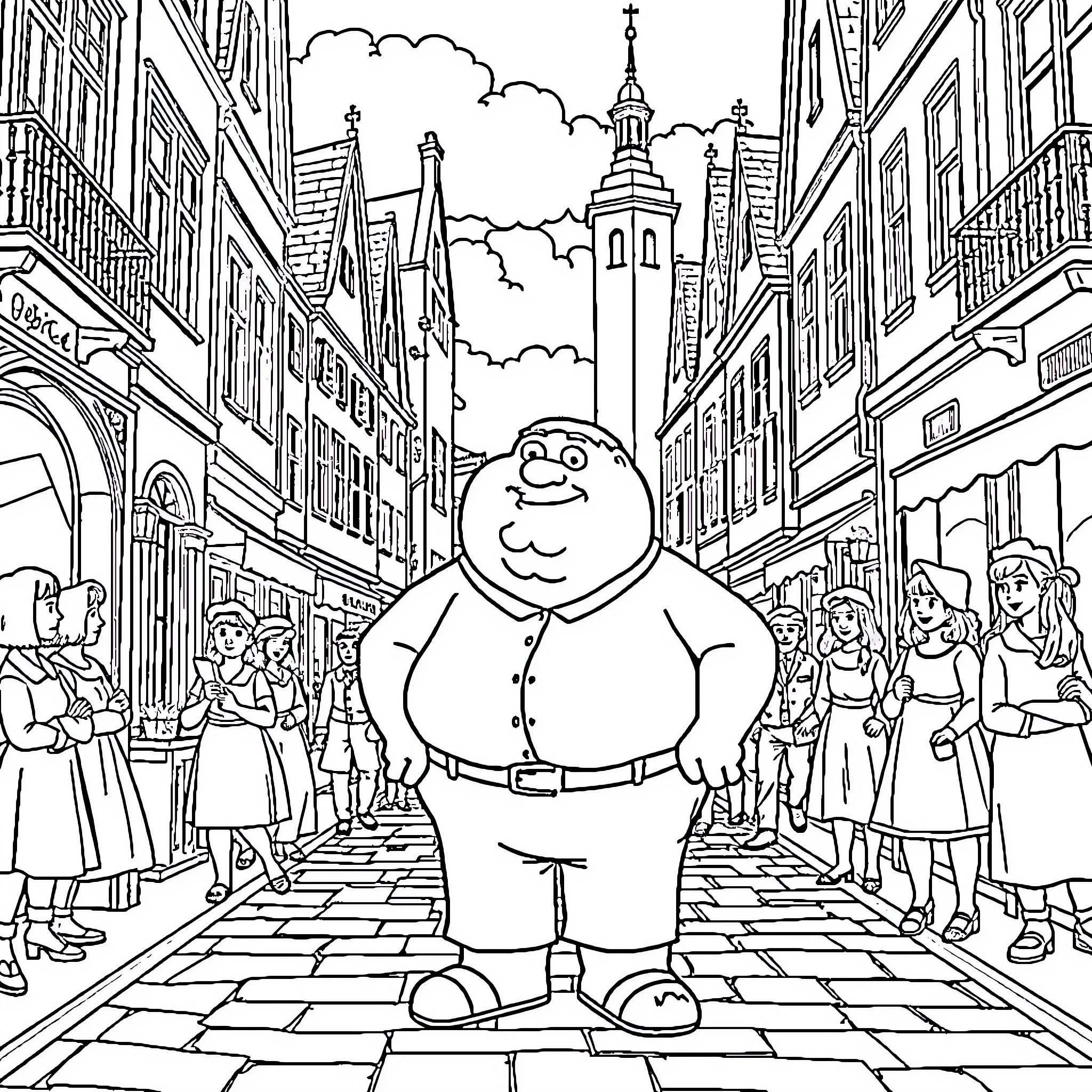 Peter Griffin Strolling Through a Bustling City Street Coloring Page (free black-and-white line drawing printable PDF for all, from beginners to advanced learners, including children, teens, adults, and seniors)