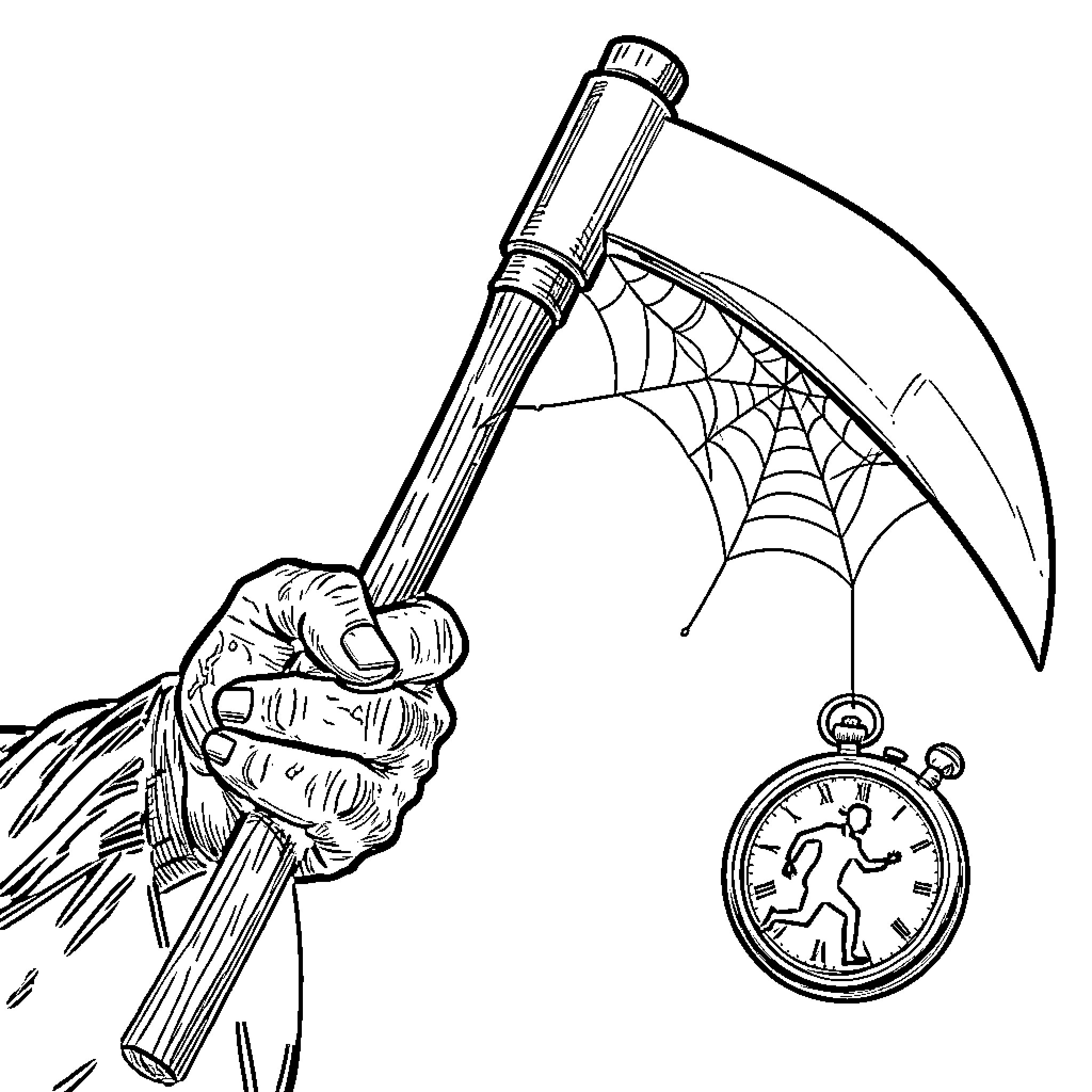 Death's Reaper Grasping Time Coloring Page (free black-and-white line drawing printable PDF for all, from beginners to advanced learners, including children, teens, adults, and seniors)