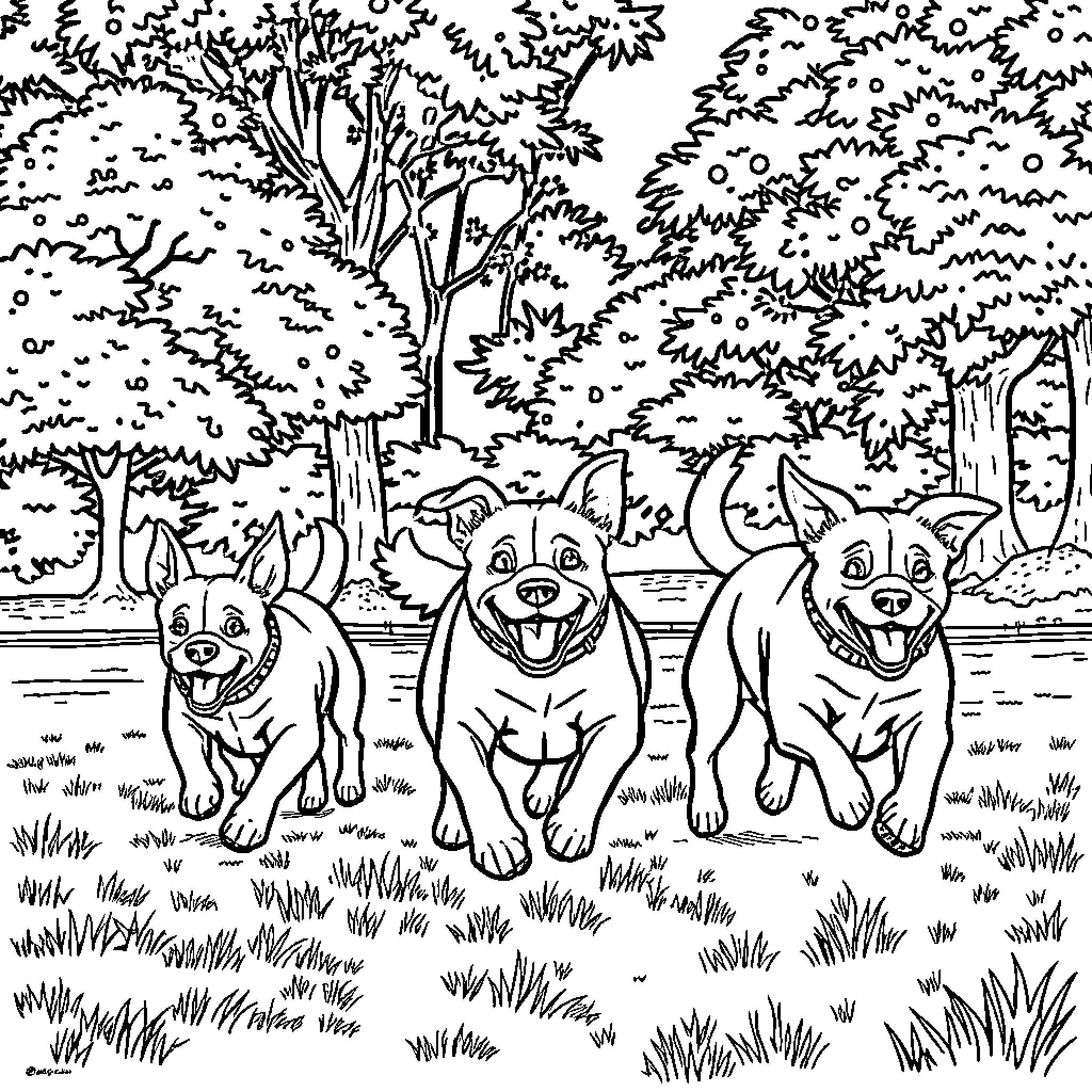 Dog Trio Frolicking in the Forest Clearing Coloring Page (free black-and-white line drawing printable PDF for all, from beginners to advanced learners, including children, teens, adults, and seniors)