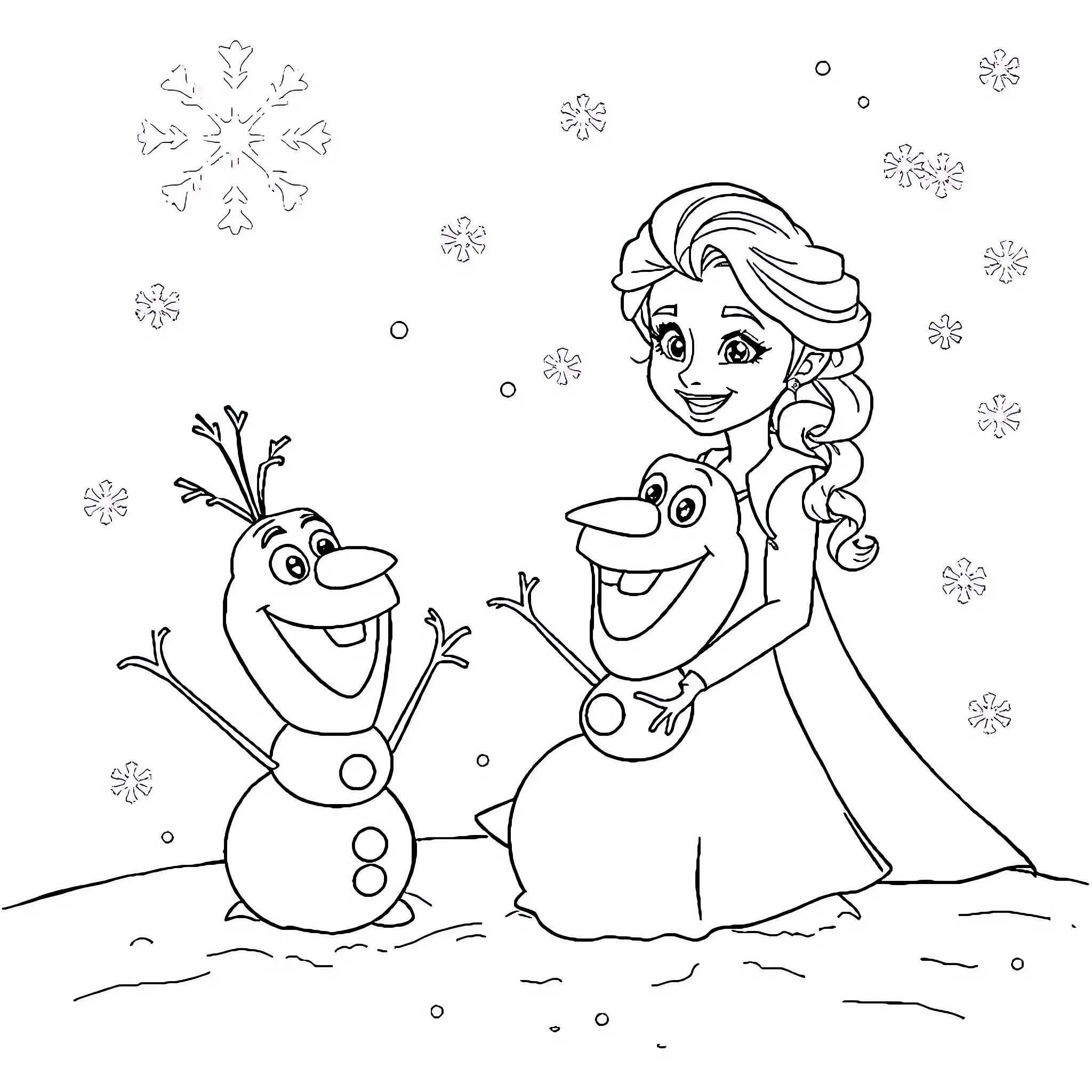Elsa and Olaf playing in the winter wonderland Coloring Page (free black-and-white line drawing printable PDF for all, from beginners to advanced learners, including children, teens, adults, and seniors)