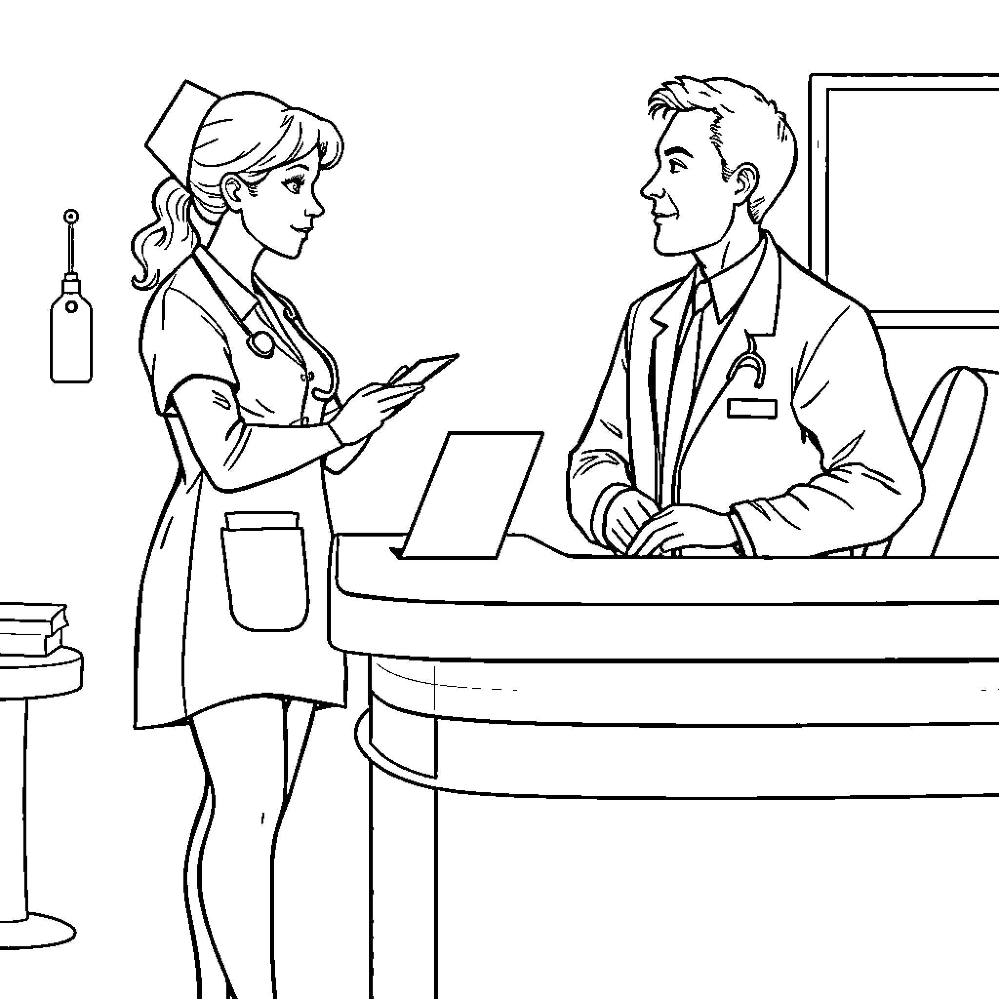 Nurse assisting patient at hospital reception desk Coloring Page (free black-and-white line drawing printable PDF for all, from beginners to advanced learners, including children, teens, adults, and seniors)