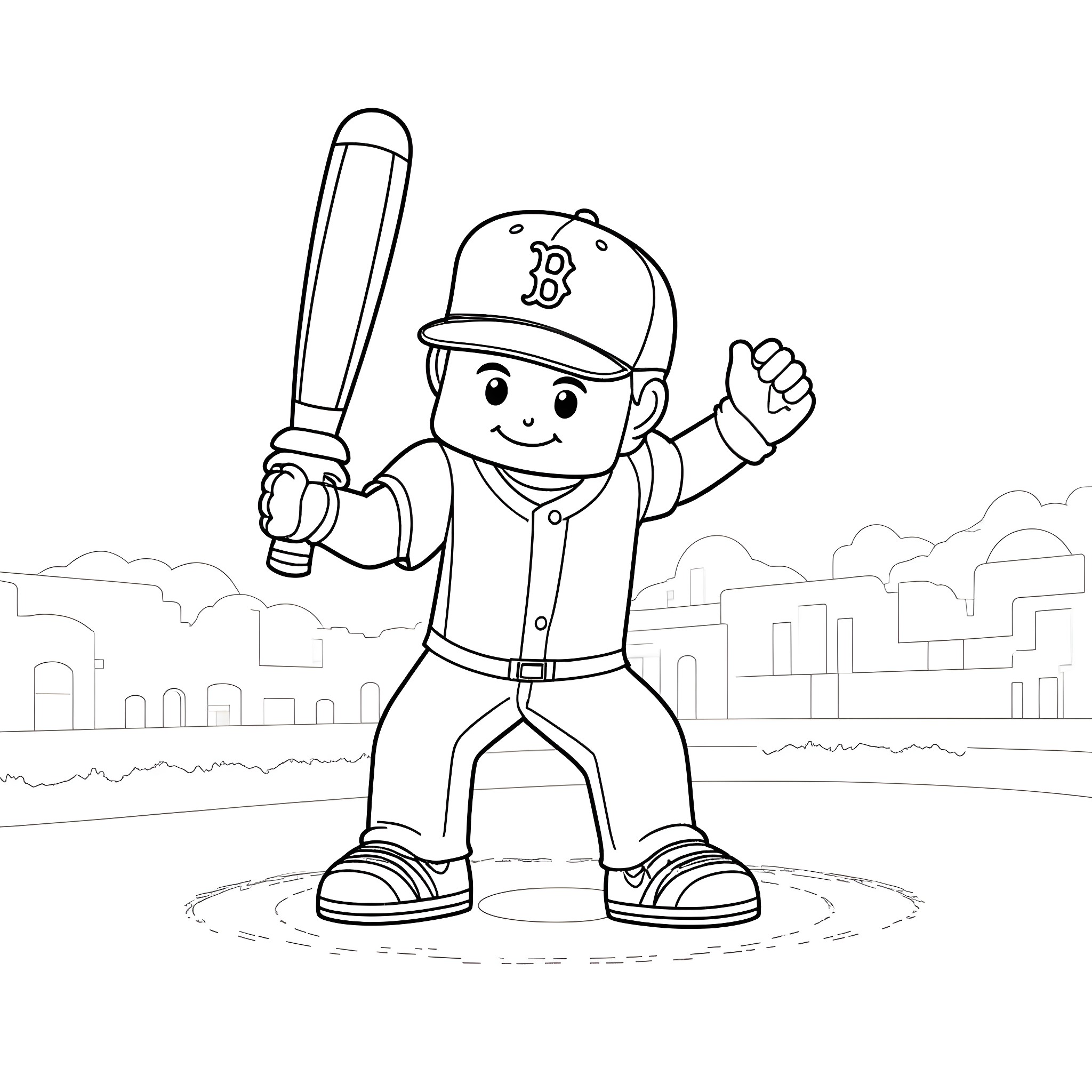 Boy baseball player with bat in the city Coloring Page (free black-and-white line drawing printable PDF for all, from beginners to advanced learners, including children, teens, adults, and seniors)