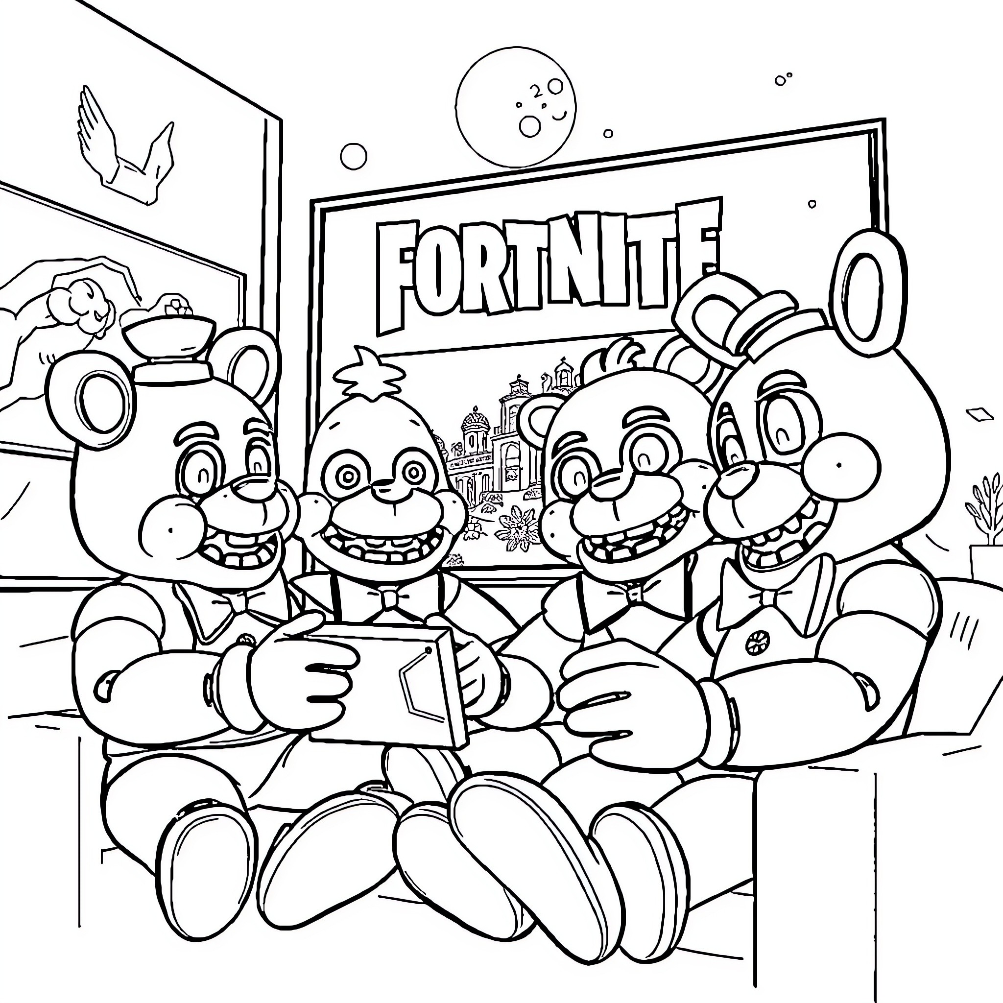 Freddy and Friends Celebrate Fortnite's Launch Coloring Page (free black-and-white line drawing printable PDF for all, from beginners to advanced learners, including children, teens, adults, and seniors)