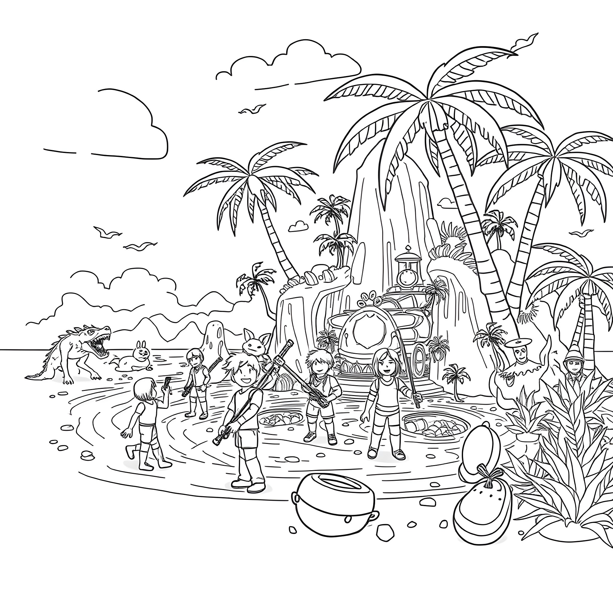 Bloxfruit characters enjoying a tropical beach scene Coloring Page (free black-and-white line drawing printable PDF for all, from beginners to advanced learners, including children, teens, adults, and seniors)