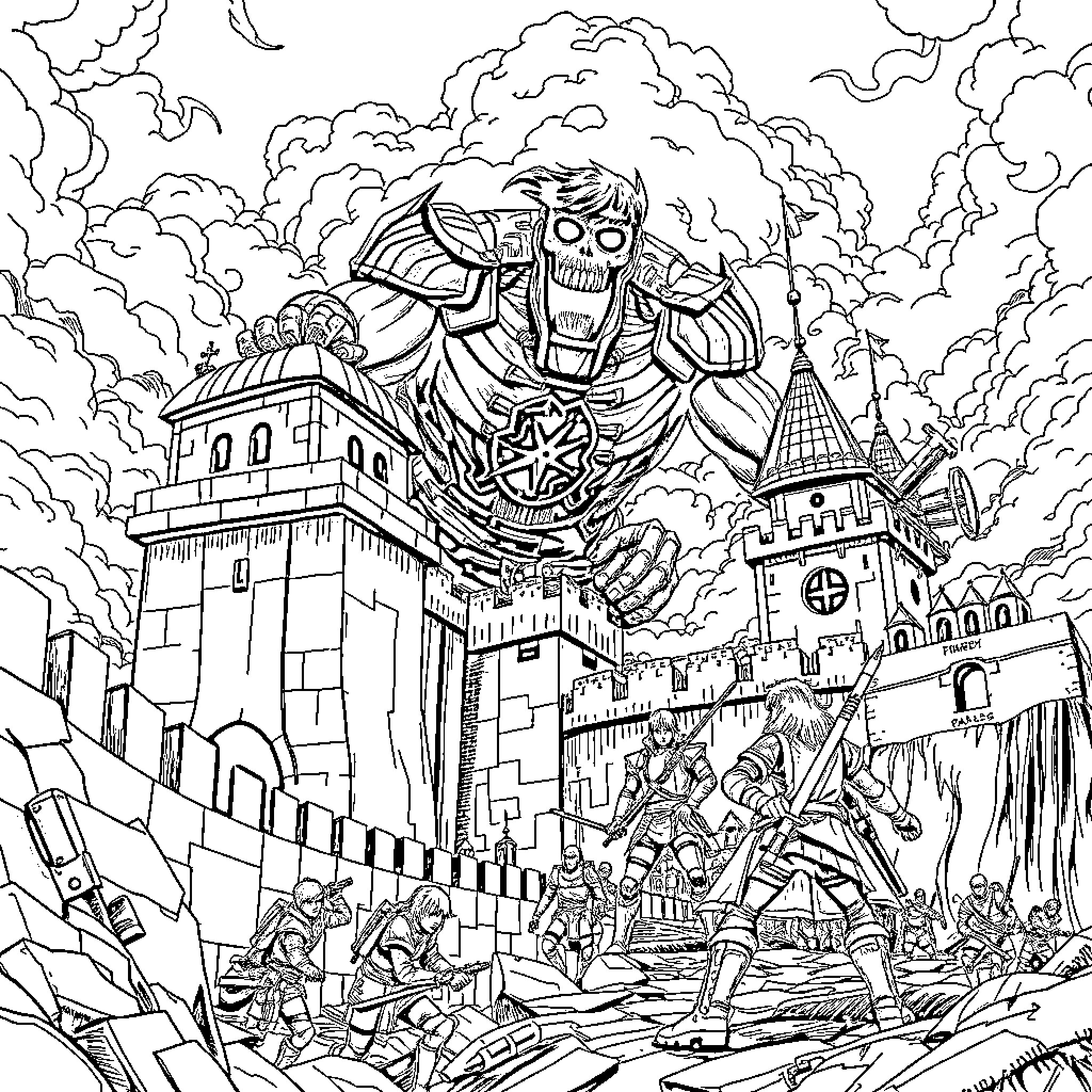Attack on Titan: Colossal Titan Destruction Coloring Page (free black-and-white line drawing printable PDF for all, from beginners to advanced learners, including children, teens, adults, and seniors)