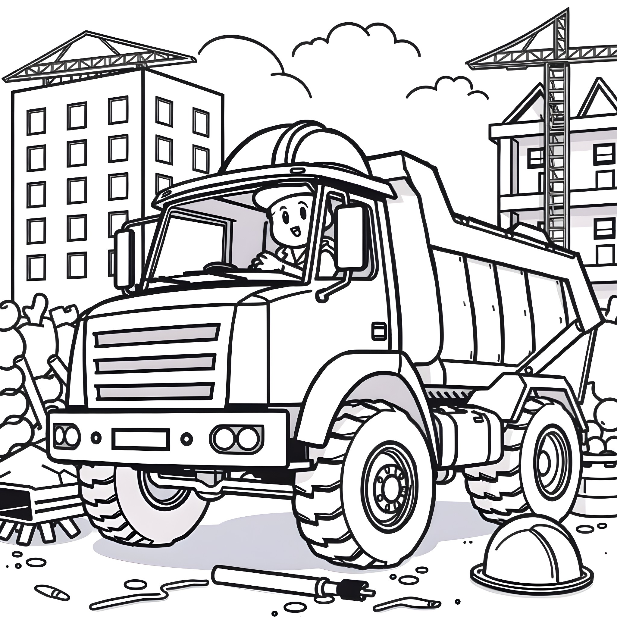 Bluey's Dump Truck Adventure Coloring Page (free black-and-white line drawing printable PDF for all, from beginners to advanced learners, including children, teens, adults, and seniors)
